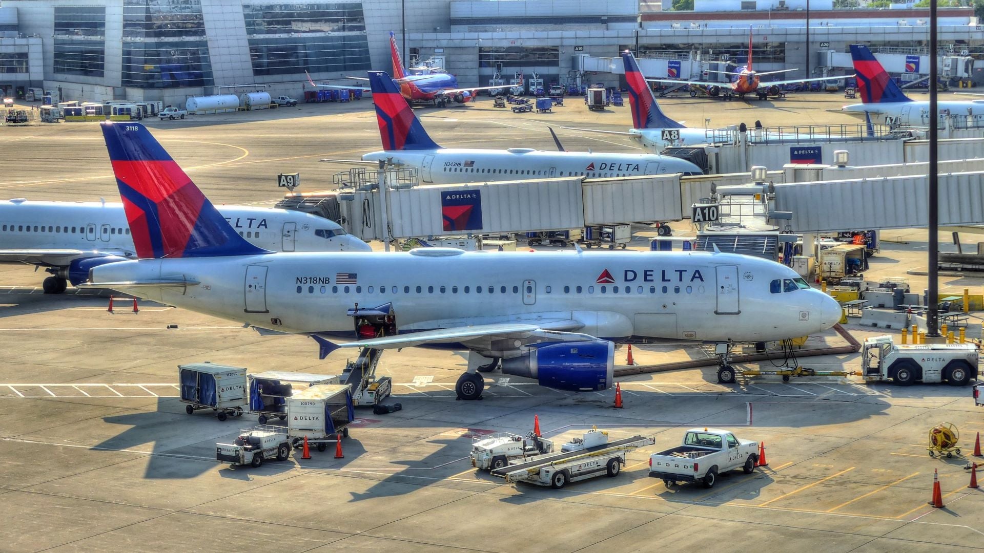 Delta jets around a gate on a sunny day.