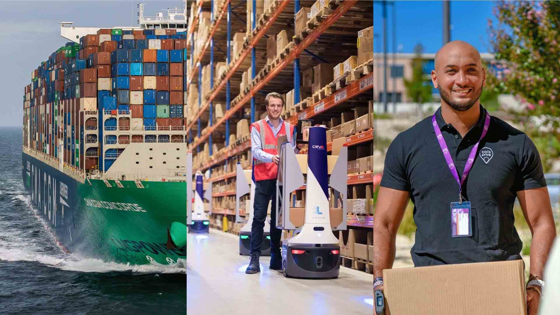 Split photo with a container vessel, man working in a warehouse and a man making a package delivery.