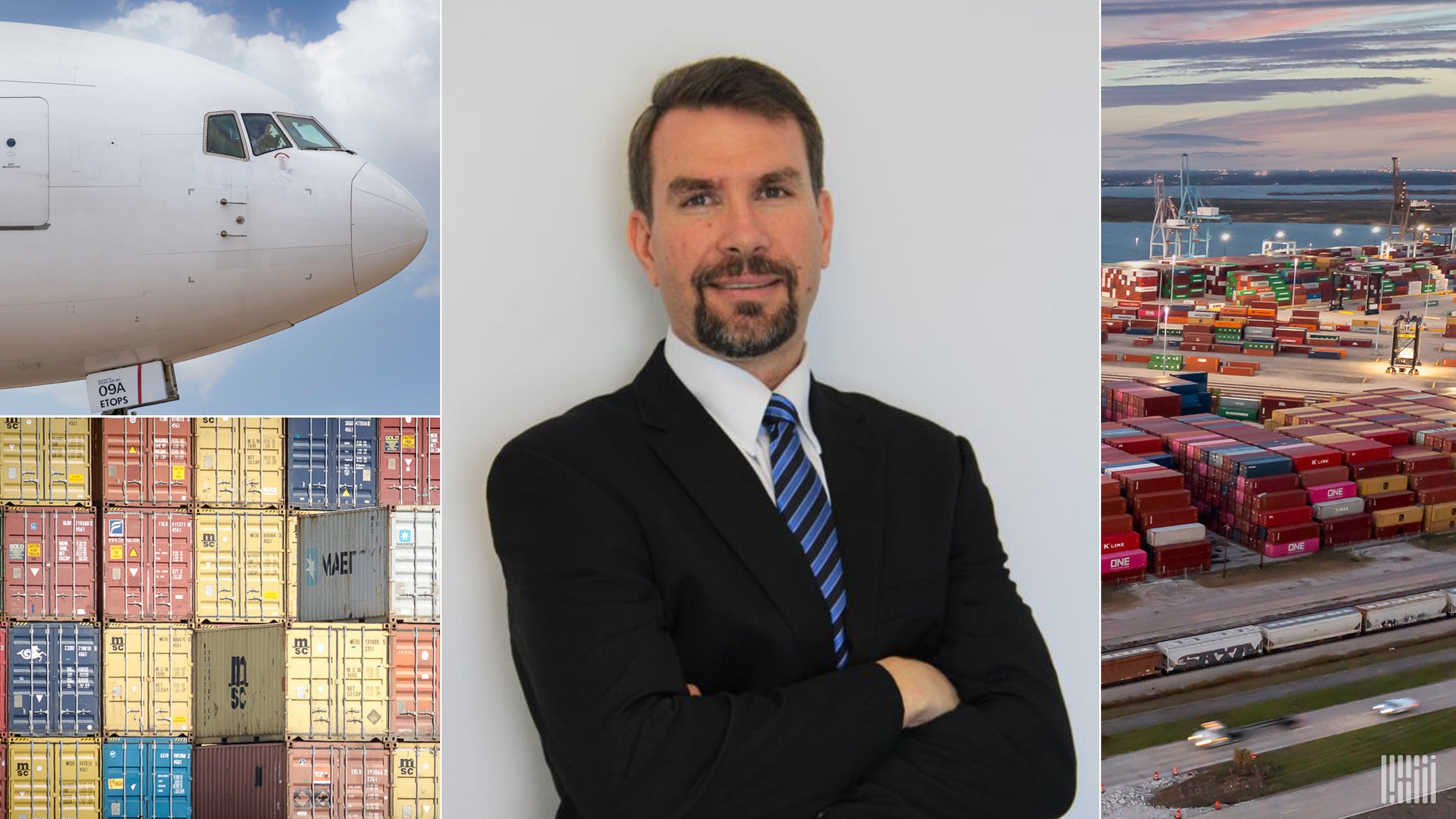 Profile photo of a man with an airplane on one side and ocean containers on the other in a blended picture.