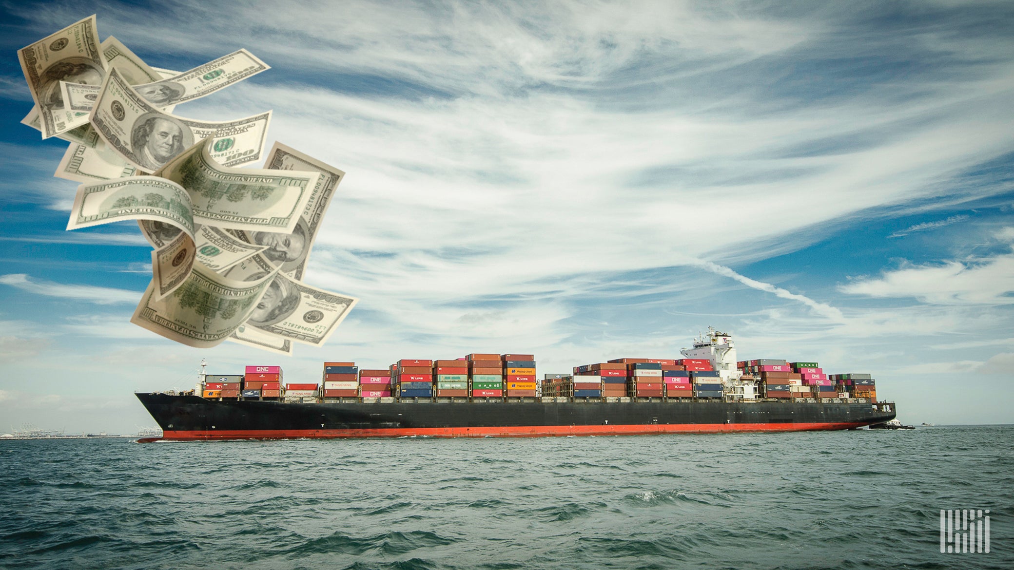 A container vessel with fluttering dollar bills superimposed in image.