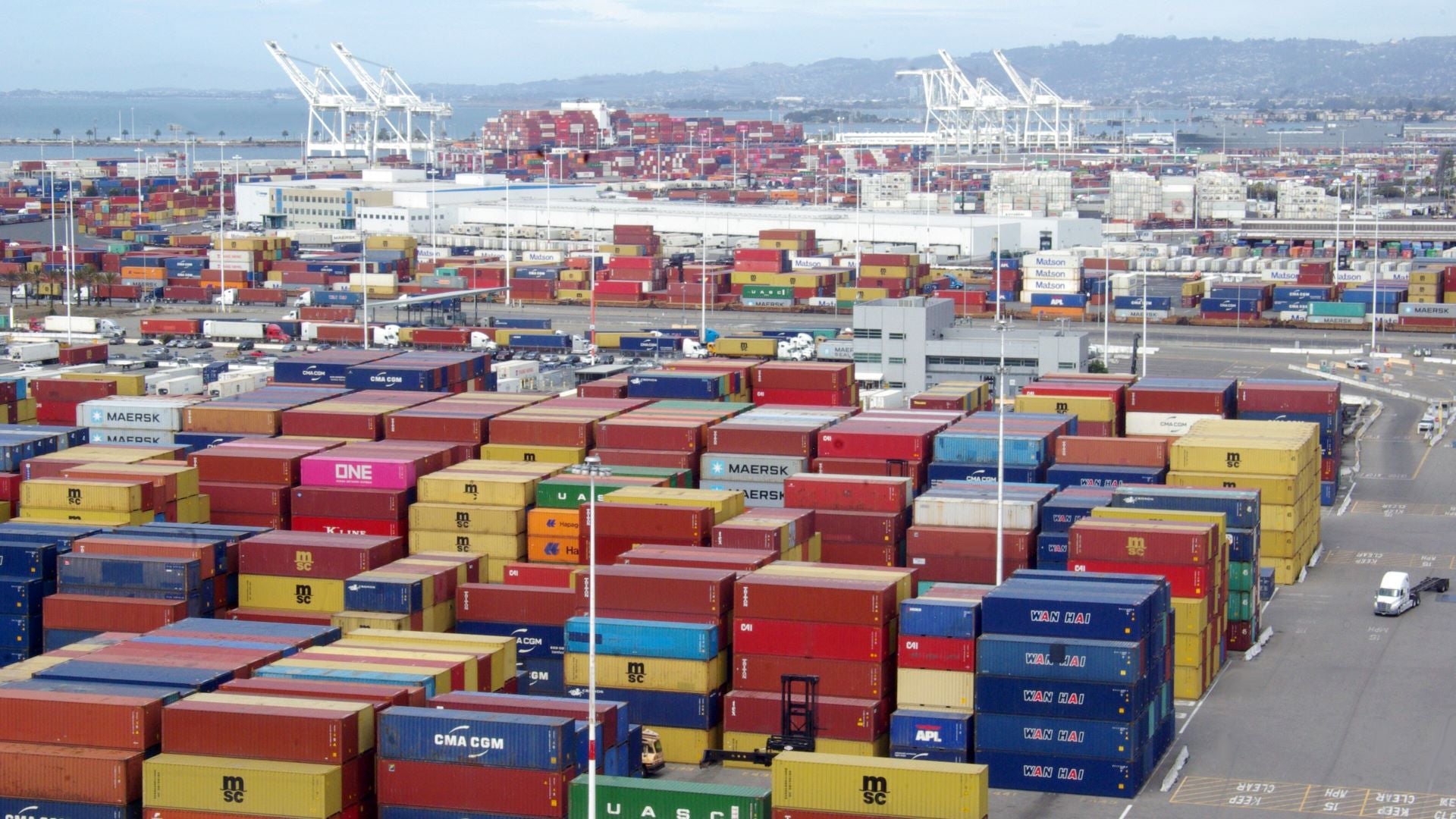 Aerial view of containers at a big port.