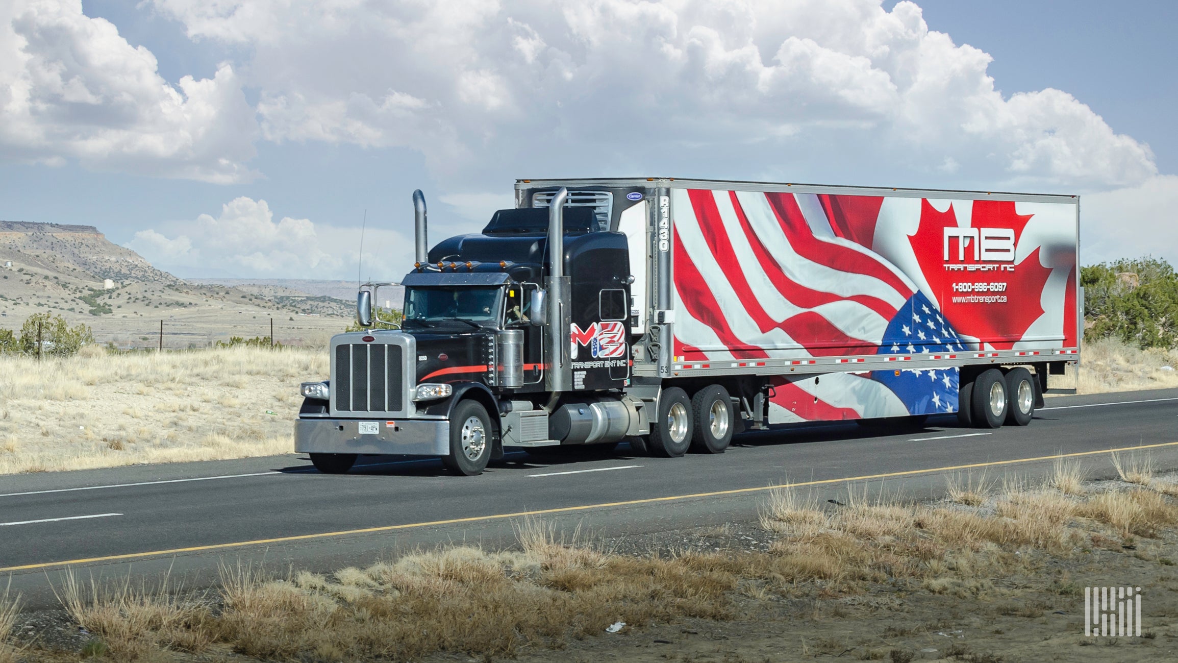 A semi-truck with a Canadian and US flag on the trailer travels on a higheway.