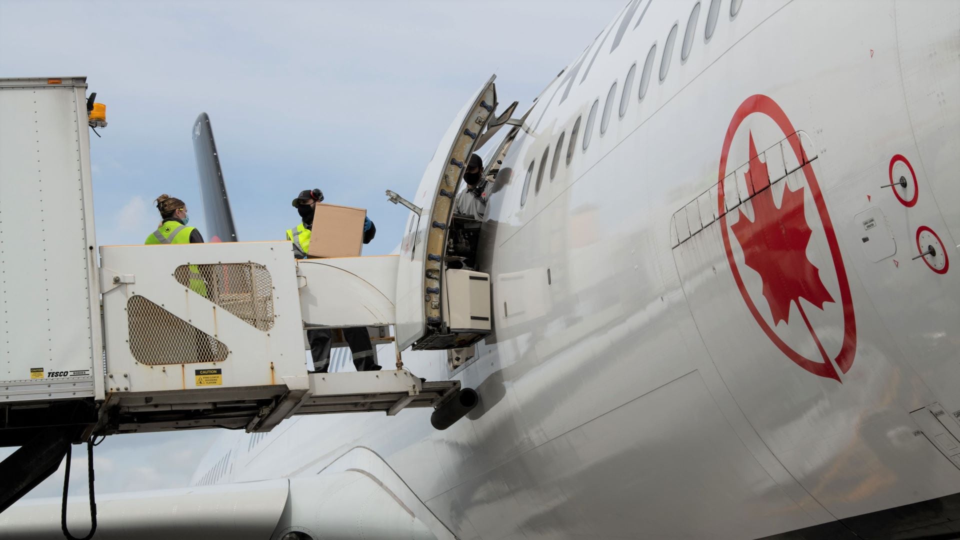 A mechanical loader lifts a cargo pallet into a plane.