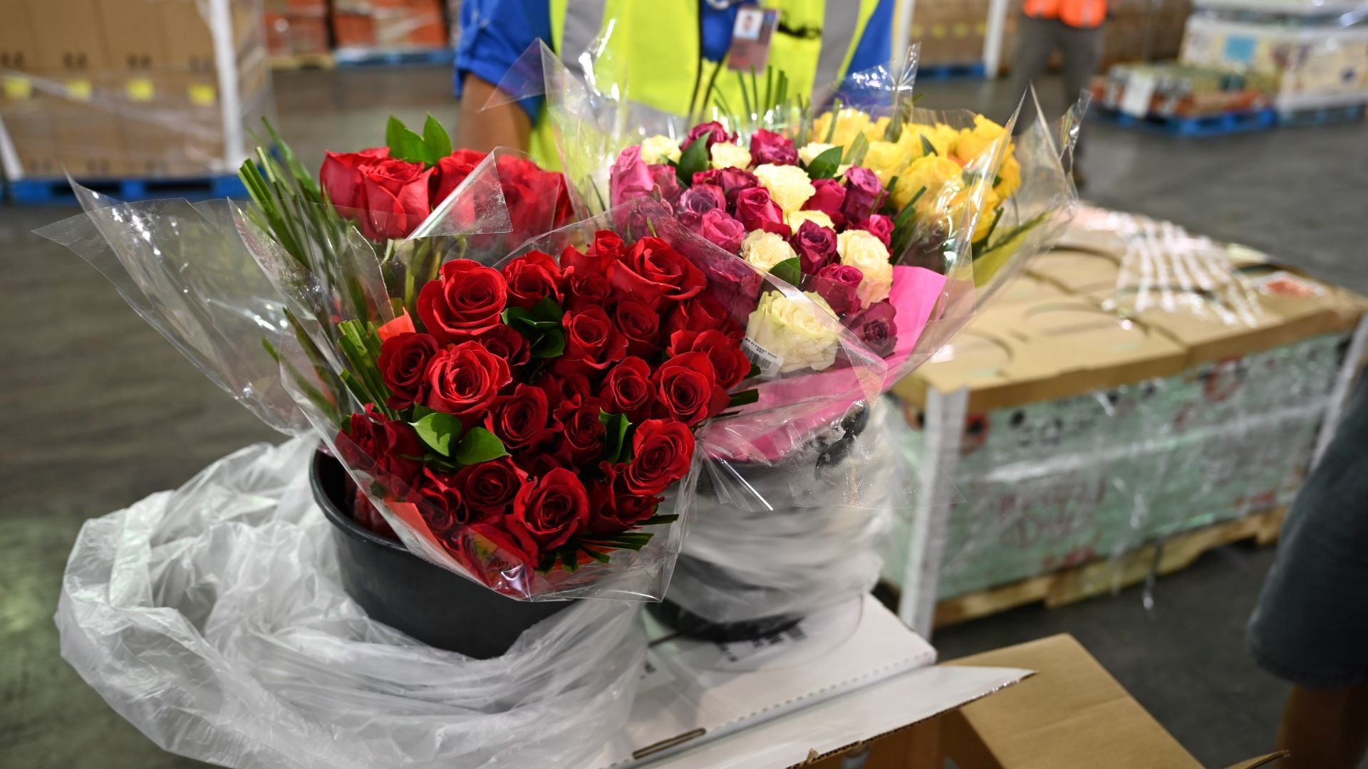 Flower bouquet on a pallet at the warehouse.