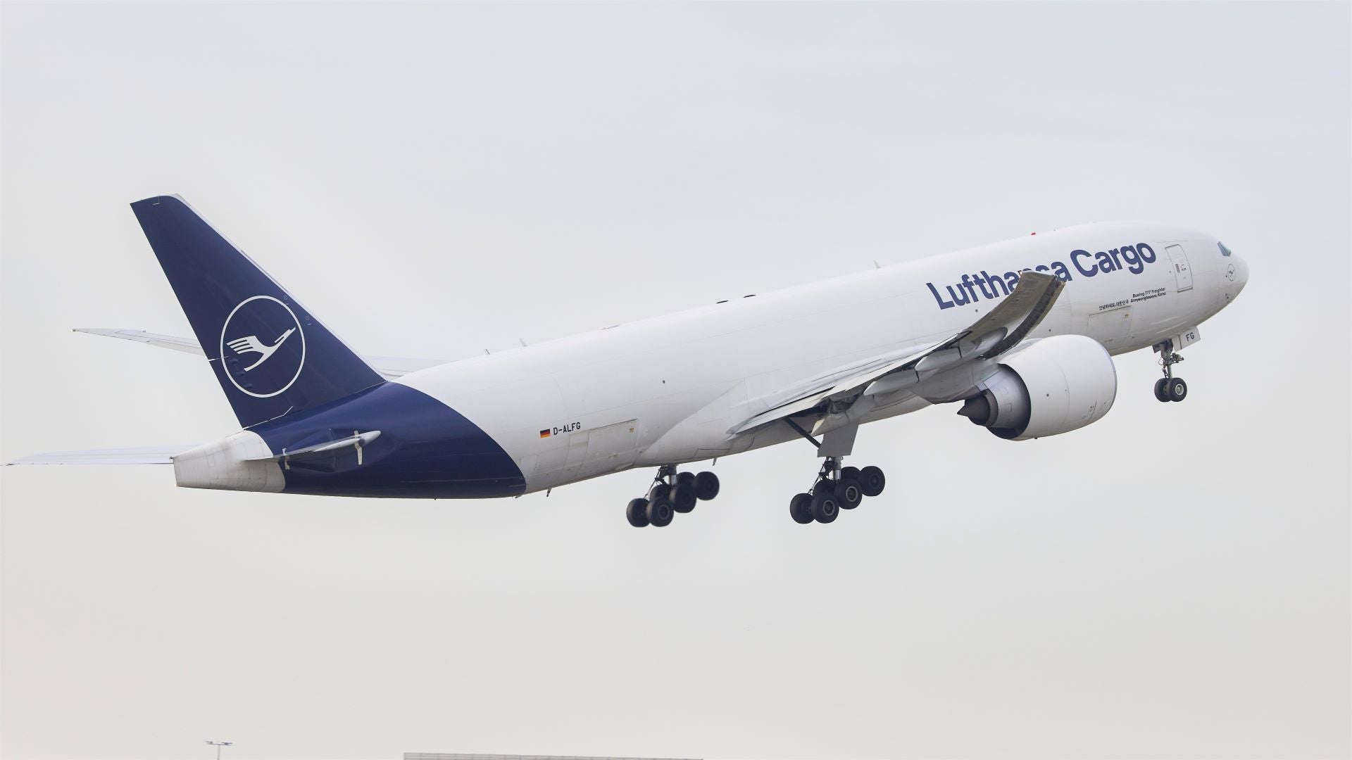 A white and blue Lufthansa Cargo jet takes off into a gray sky.