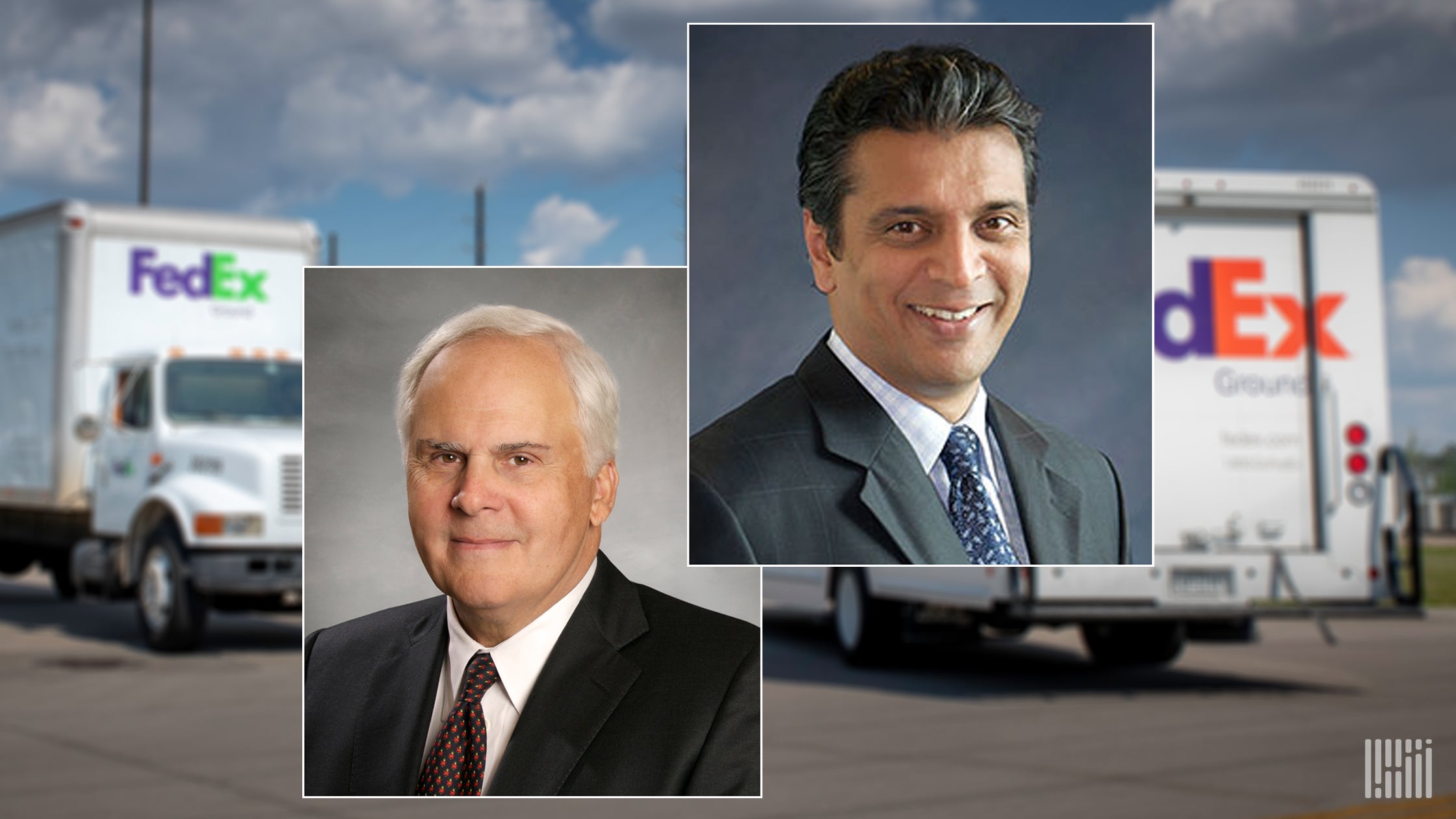 Photos of two men on a picture of FedEx trucks.