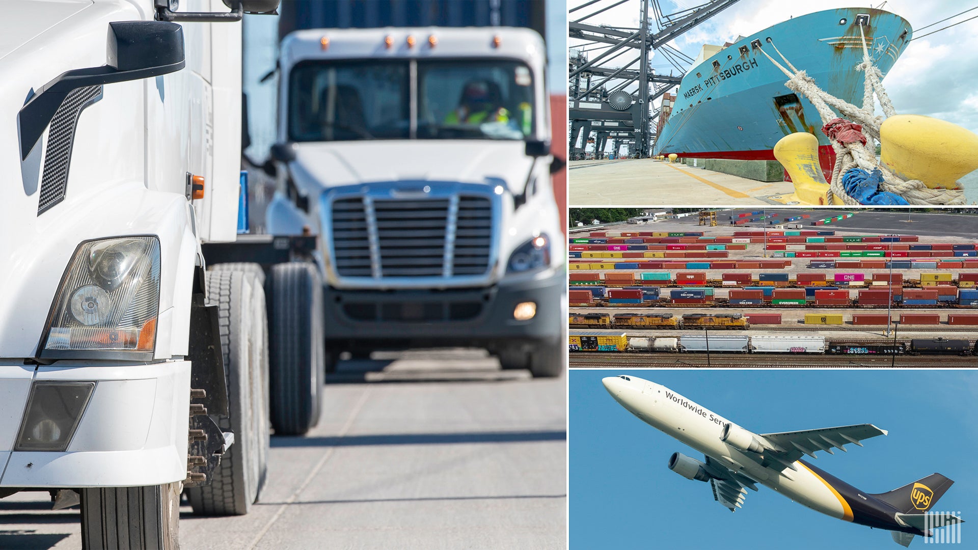 Collage of truck, ship and plane in the sky.