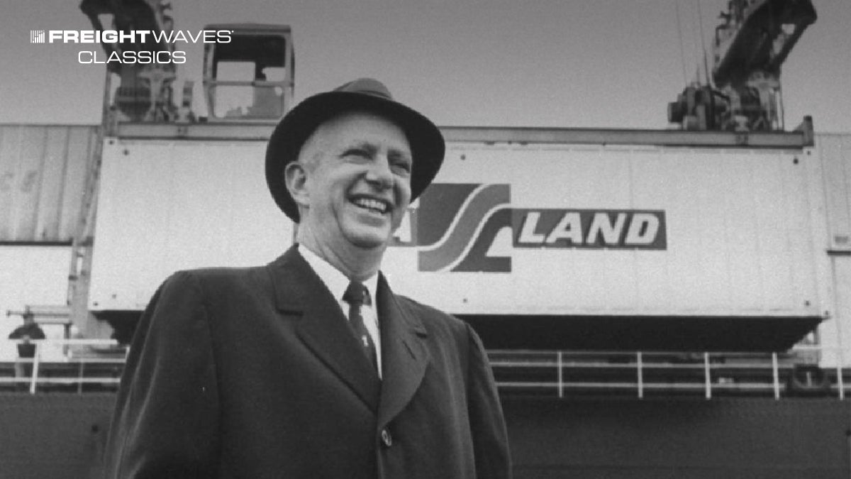 Malcom McLean in the foreground with a Sea-Land container behind him. (Photo: Maersk)