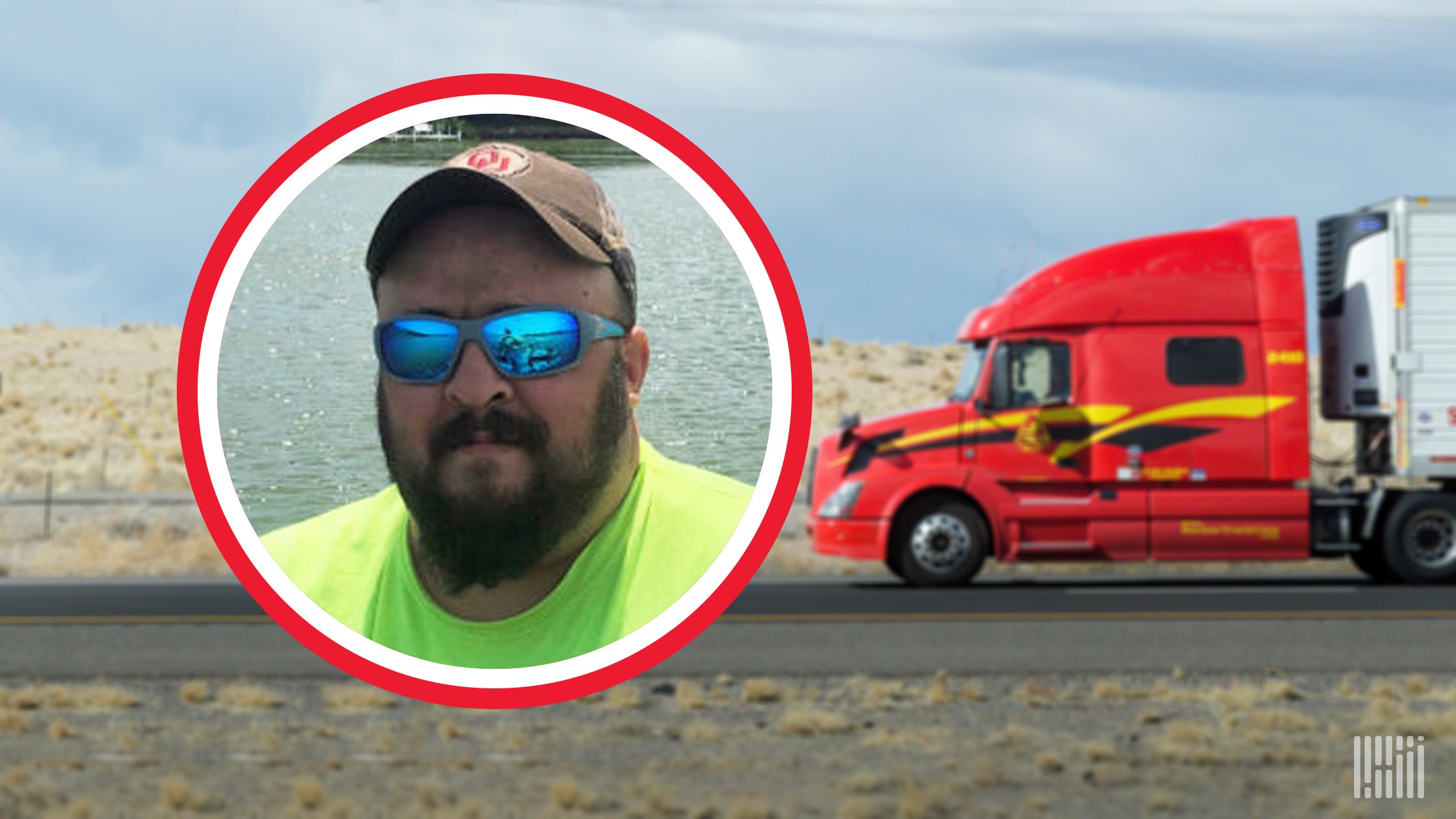 Photo of driver Grant Quinton inlaid with photo of a Decker Truck Line big rig.