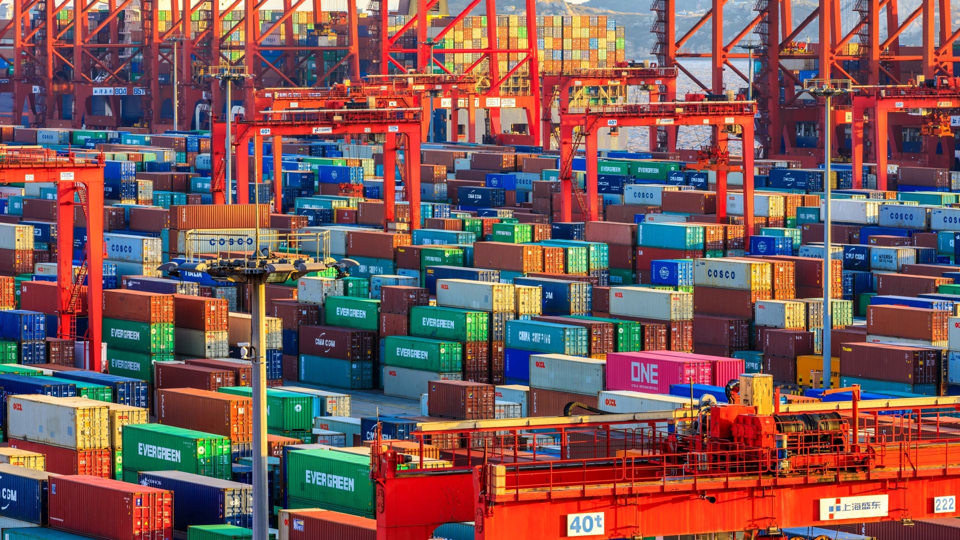 Shipping container stacks at the Port of Shanghai. A COVID lockdown is creating huge logistical challenges in the city.