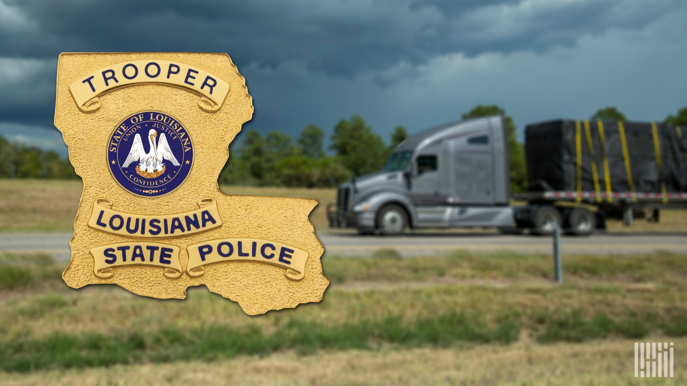 An image of a tractor-trailer being driven by a truck driver juxtaposed with the logo of the Louisiana State Police.