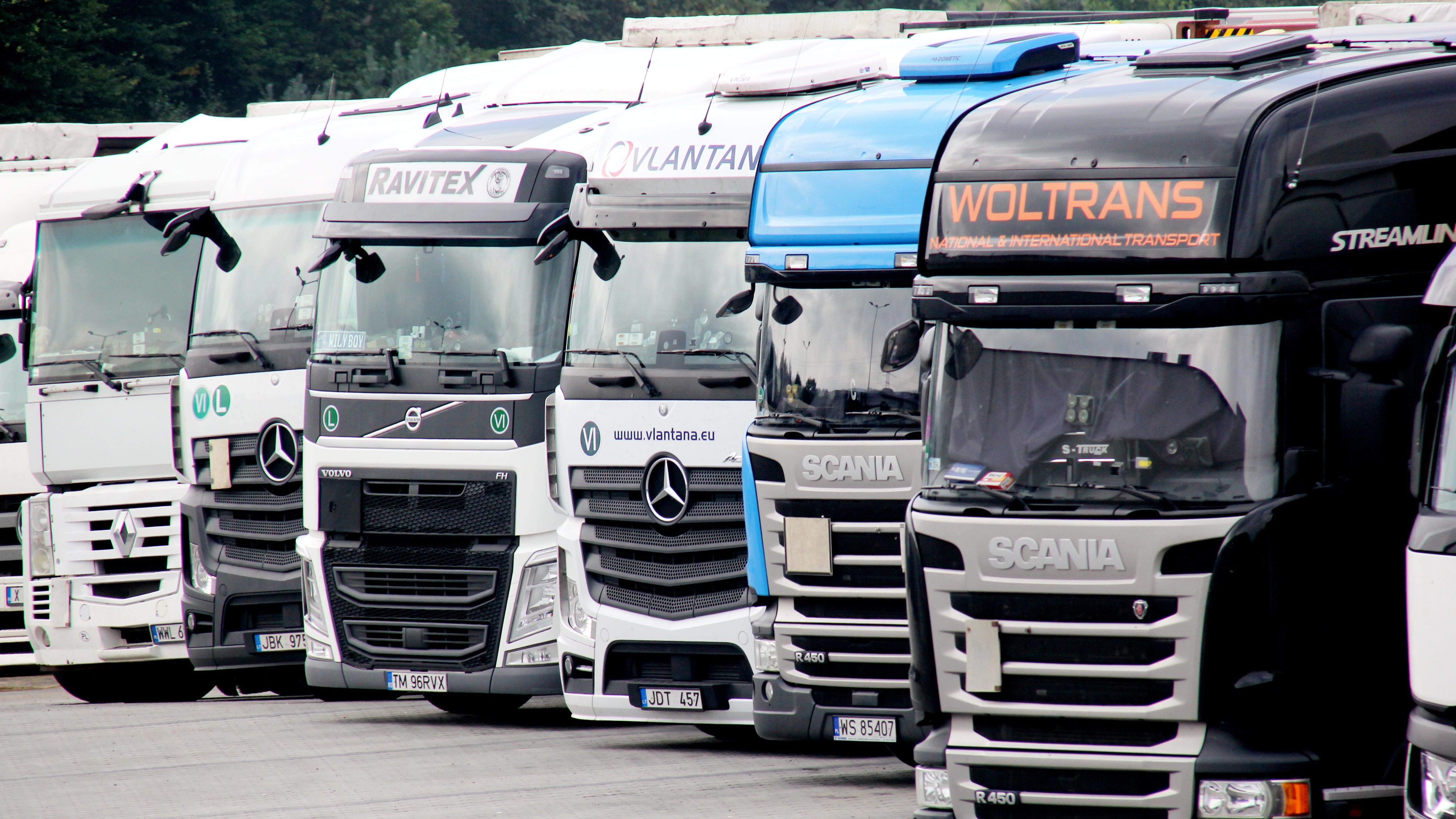 Trucks in a parking lot in Lublin, Poland.