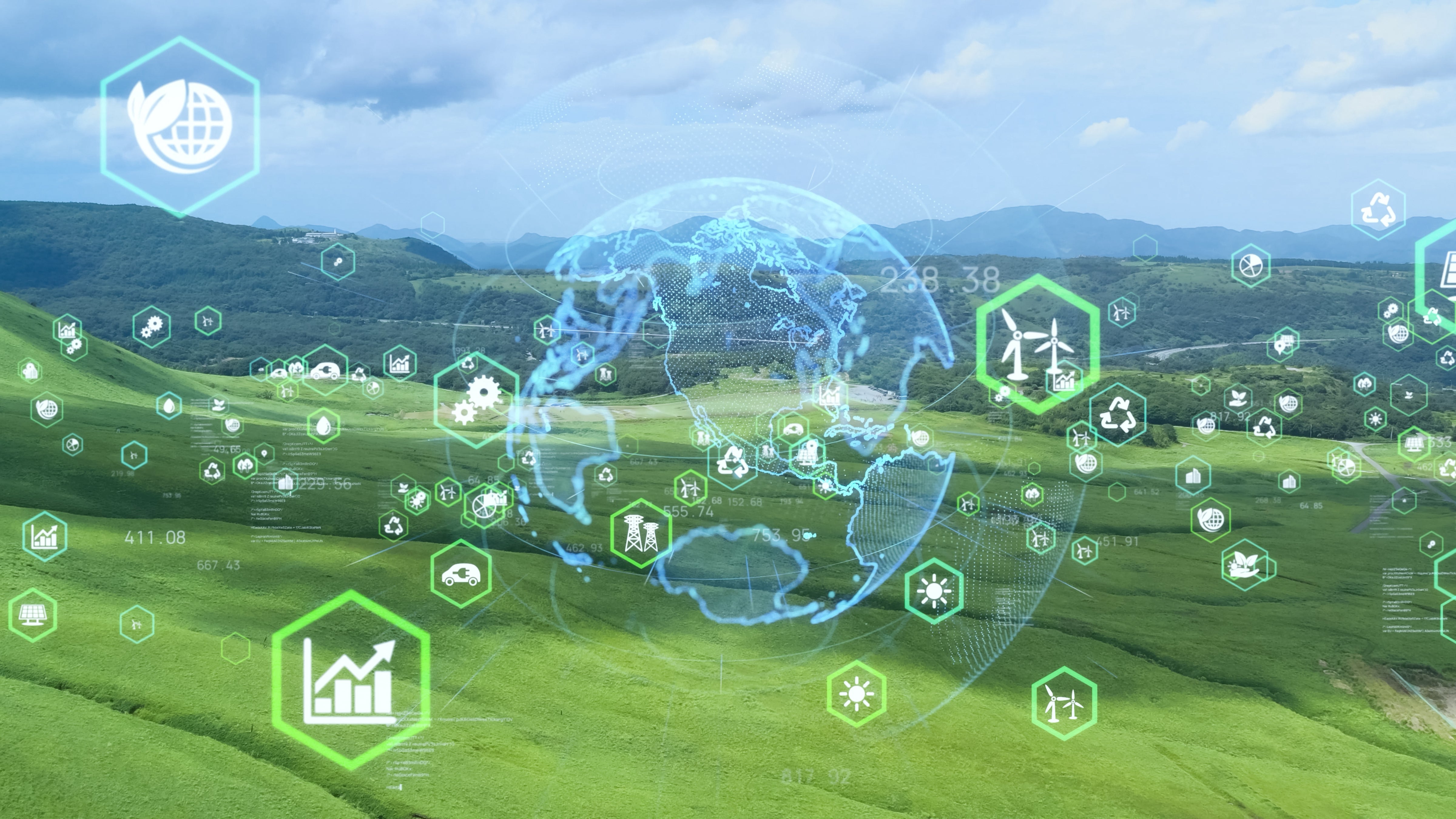 Earth and logistics icons overlay a landscape background for a questionnaire with former EPA administrator Christine Todd Whitman.