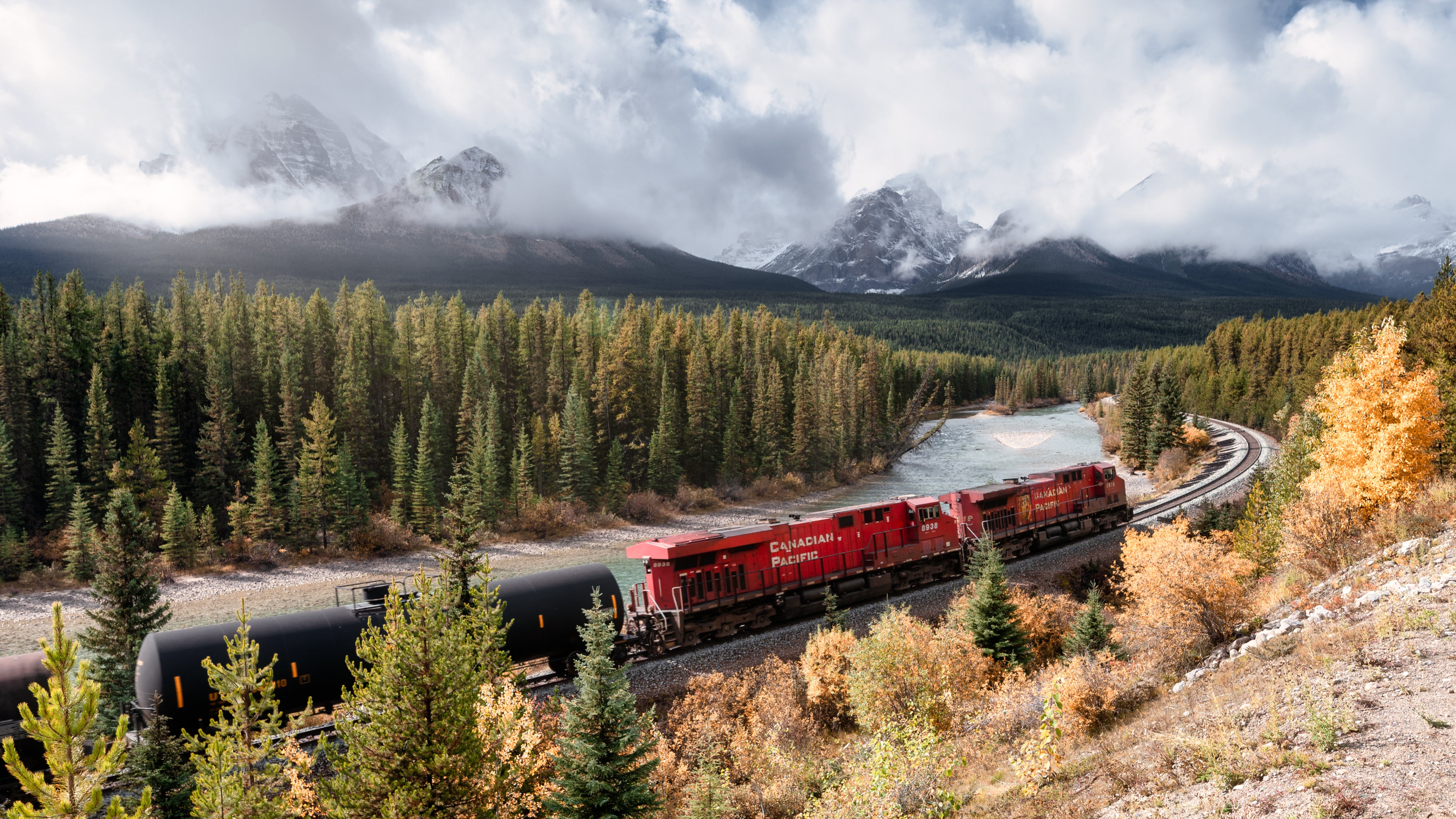 A photograph of a Canadian Pacific train traveling through a forest near the mountains.