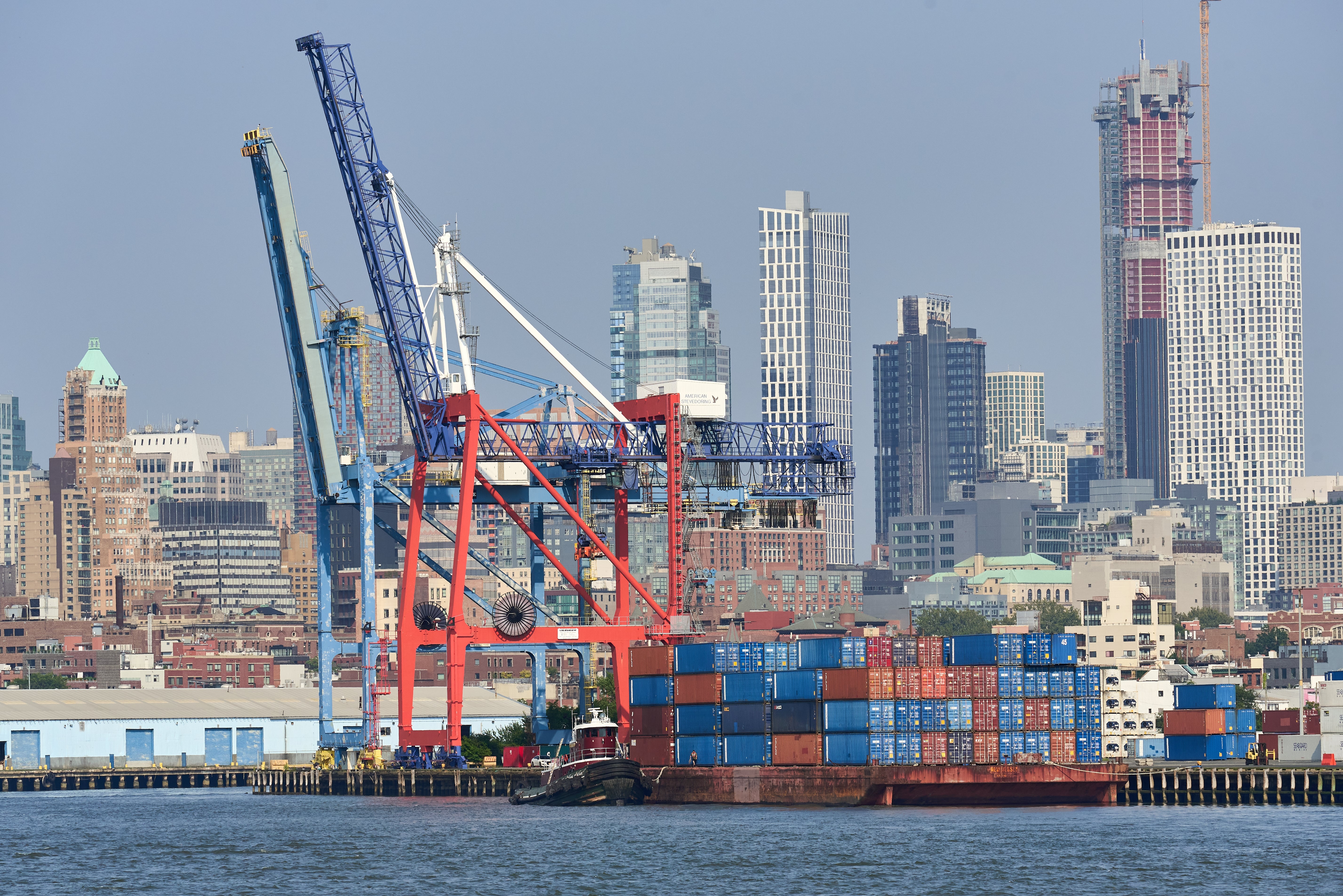 A view of a containership seen from across the water at the Port of New Jersey and New York