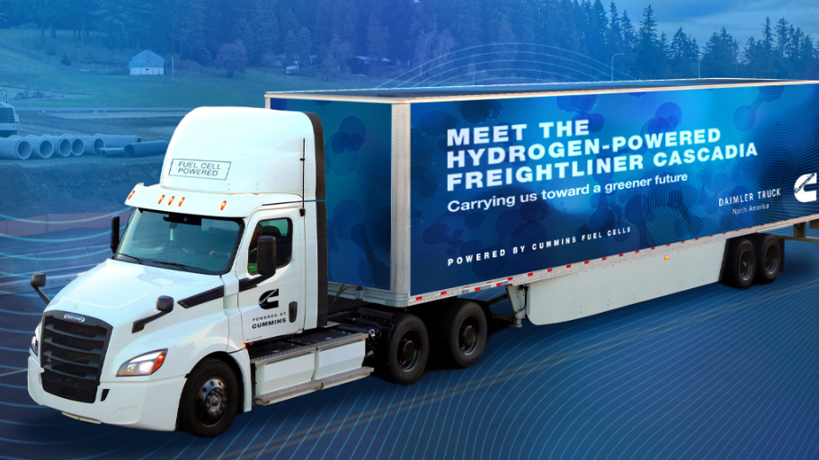 Rendering of Freightliner Cascadia with trailer advertising fuel cell capability