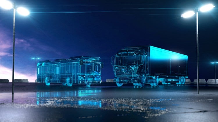 Deep blue illustration of Siemens -imagine electric truck and bus