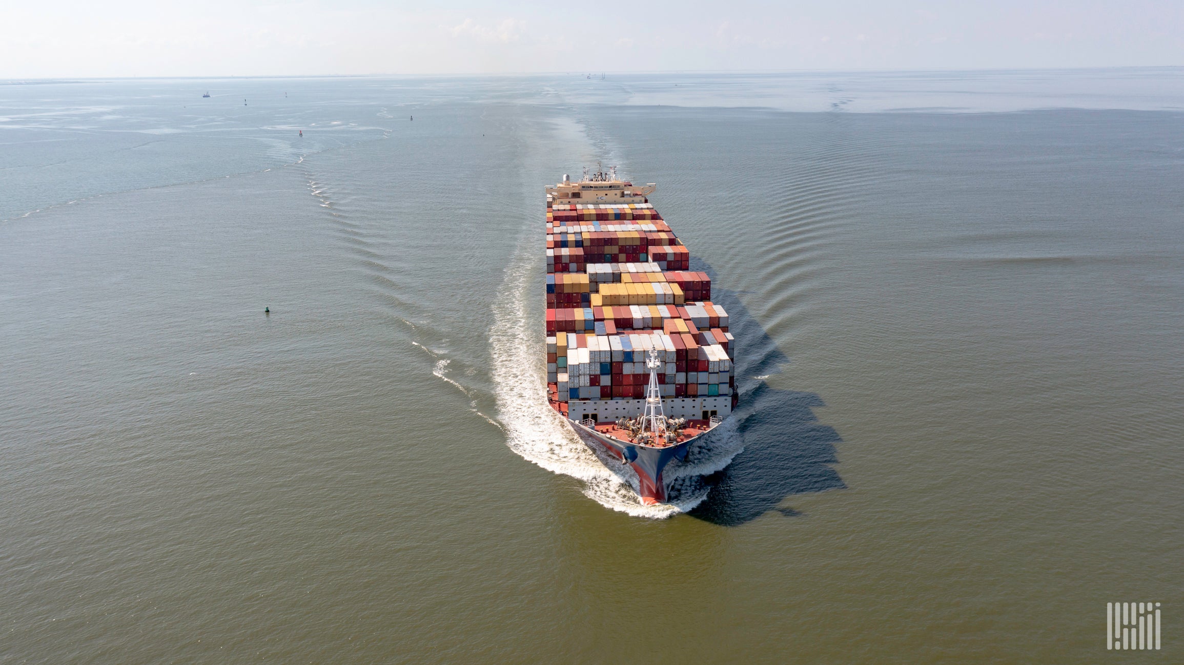 An aerial view of a large container ship on the water