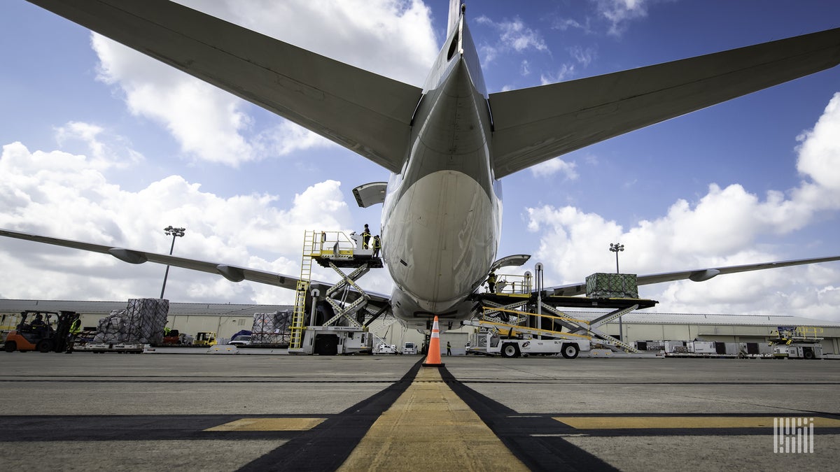 Rear view of a large jetliner from underneath the tail.