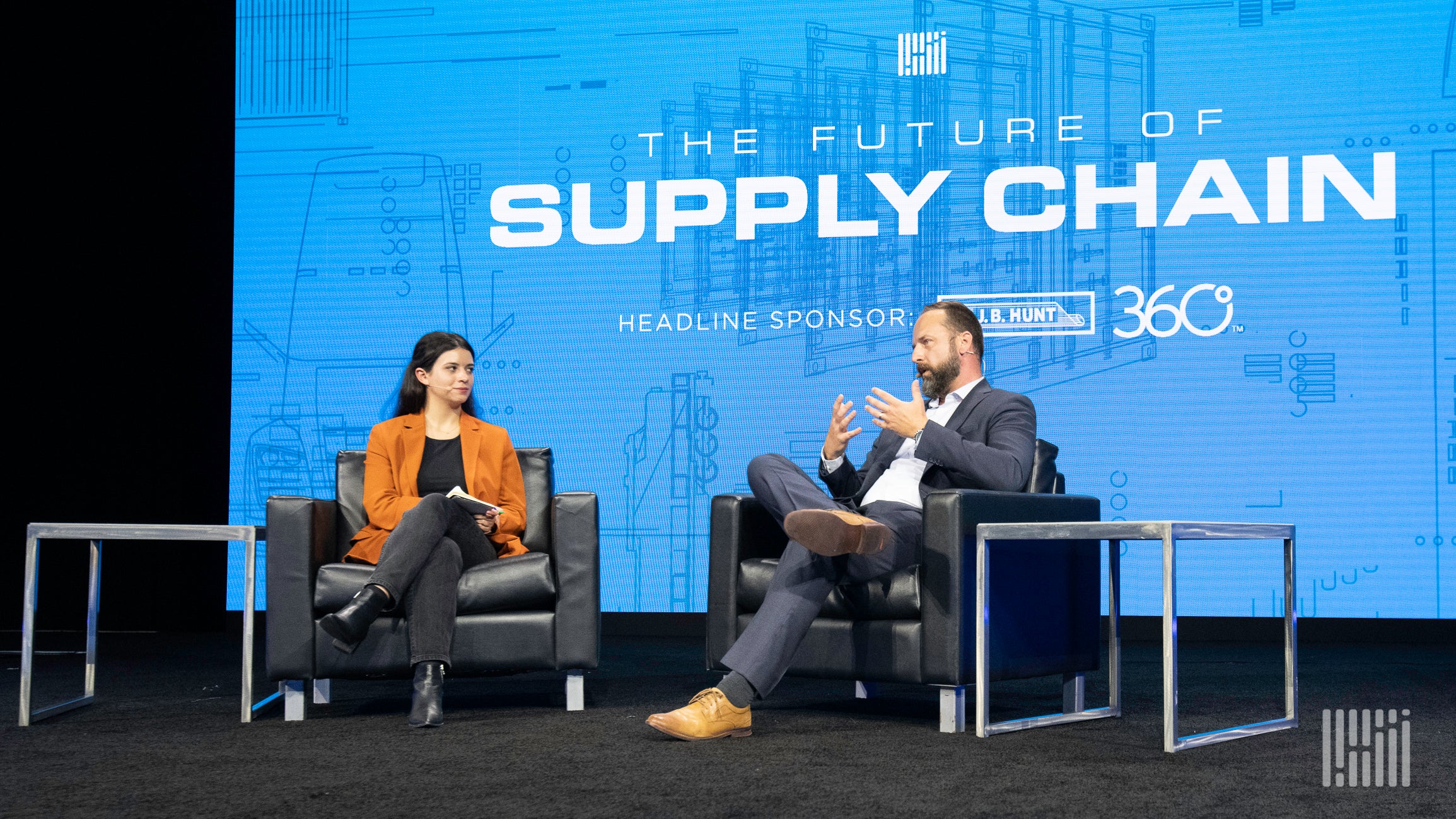 Rachel Premack and George Brehovsky sit on the FreightWaves stage during The Future of Supply Chain event.