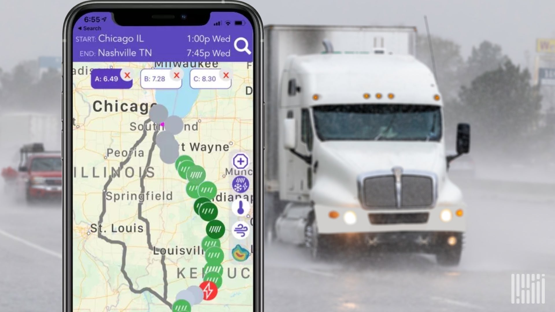 A white tractor-trailer travels in rain storm next to a cell phone screen shot of the Drive Weather app.