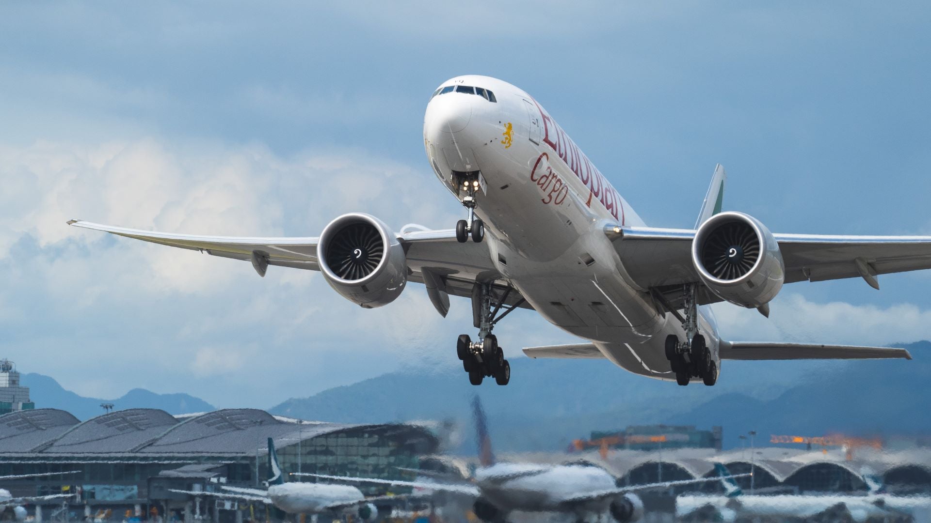 An Ethiopian Cargo 777 freighter takes off at Hong Kong International Airport.