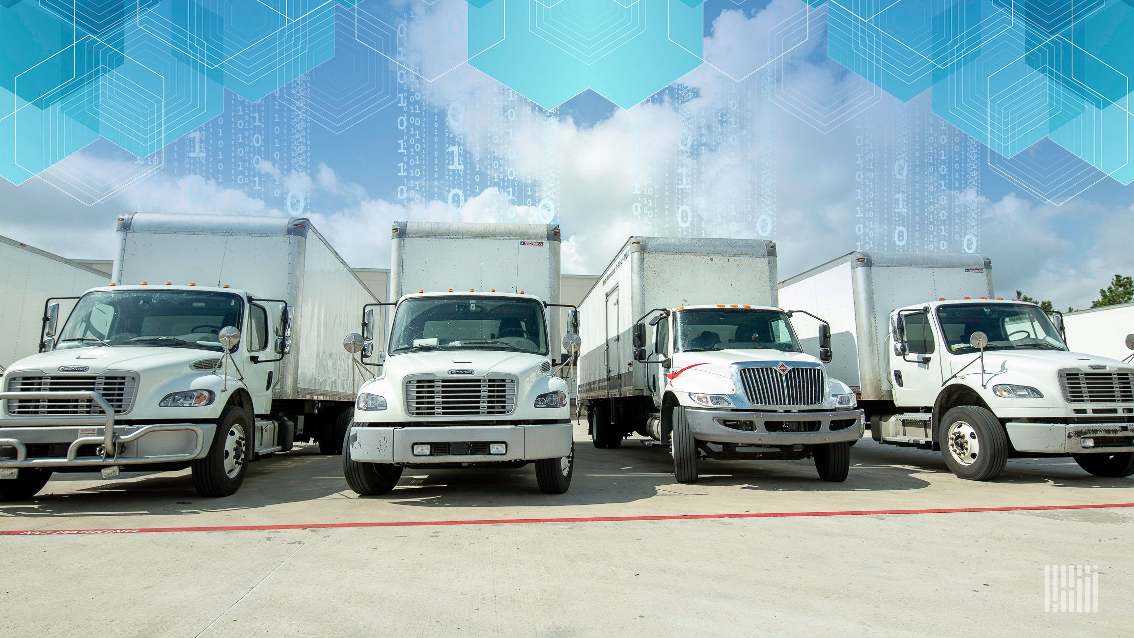 White tractor-trailers are lined up beneath a technology background.