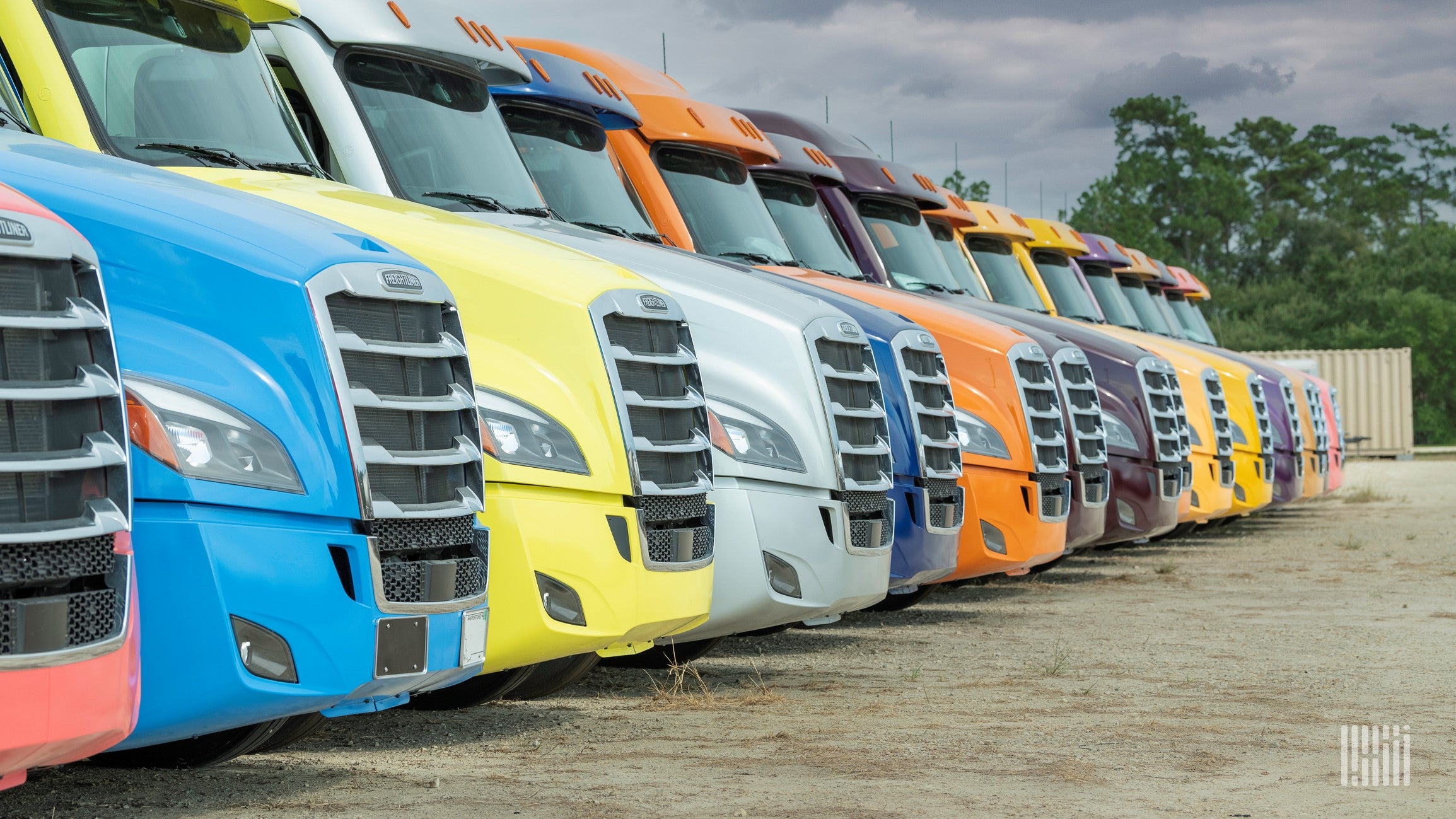 Multicolored row of Freightliner Cascadias