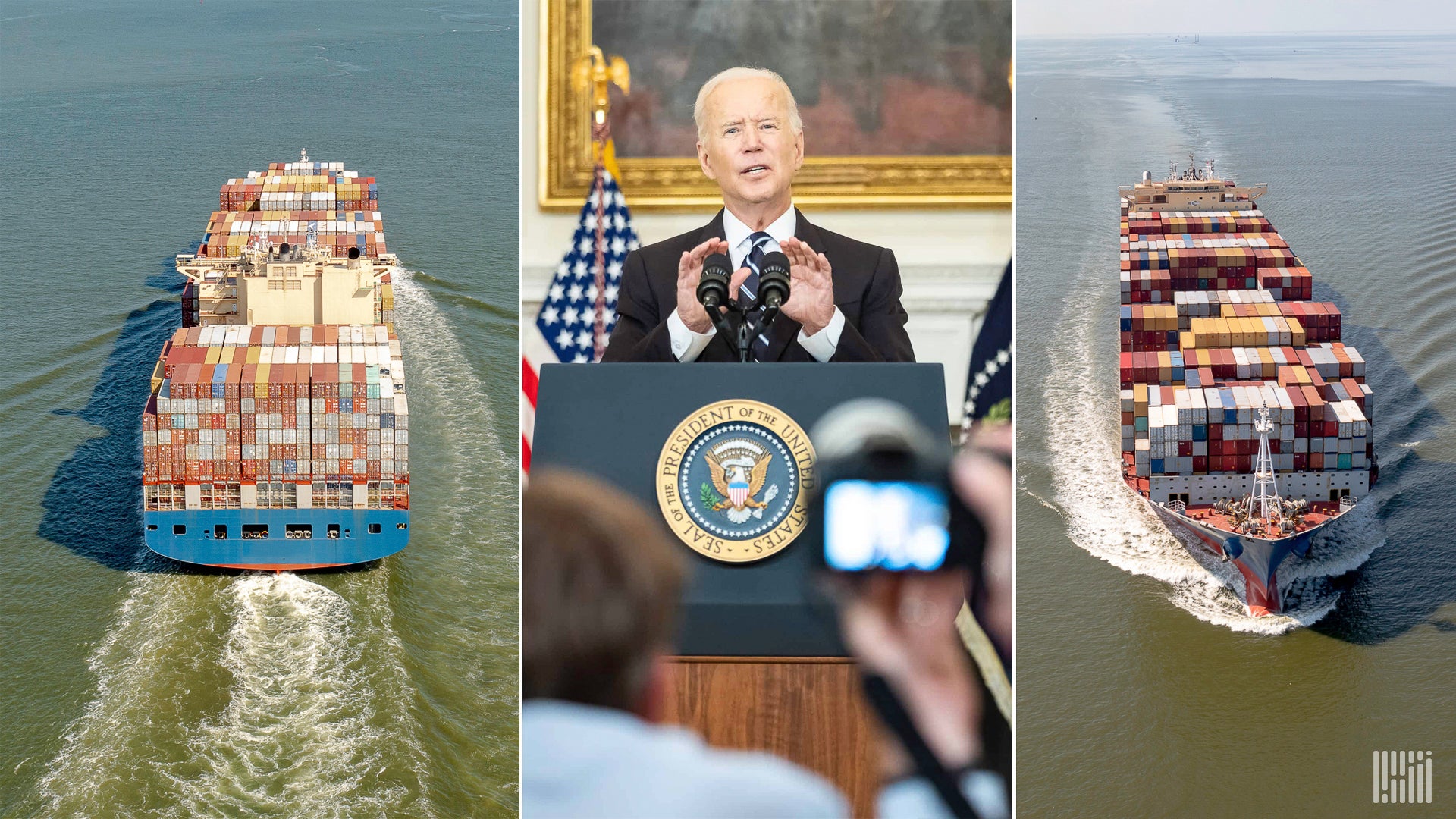 Biden speaking at White House and flanked by photos of container ships