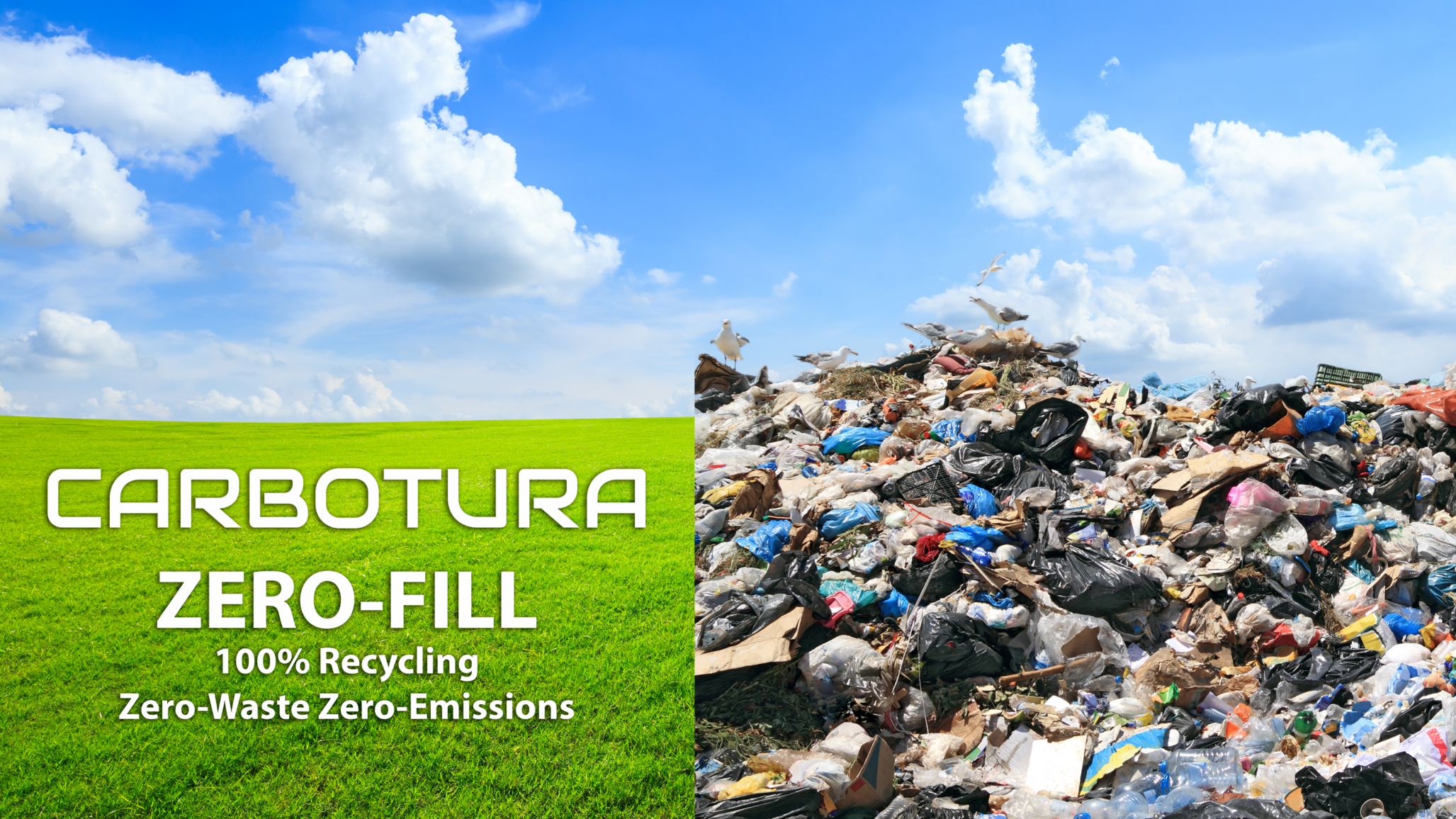 A pile of garbage on the right is contrasted by green fields and blue skies on the left, highlighting the impacts of Carbotura's Zero-Fill service.