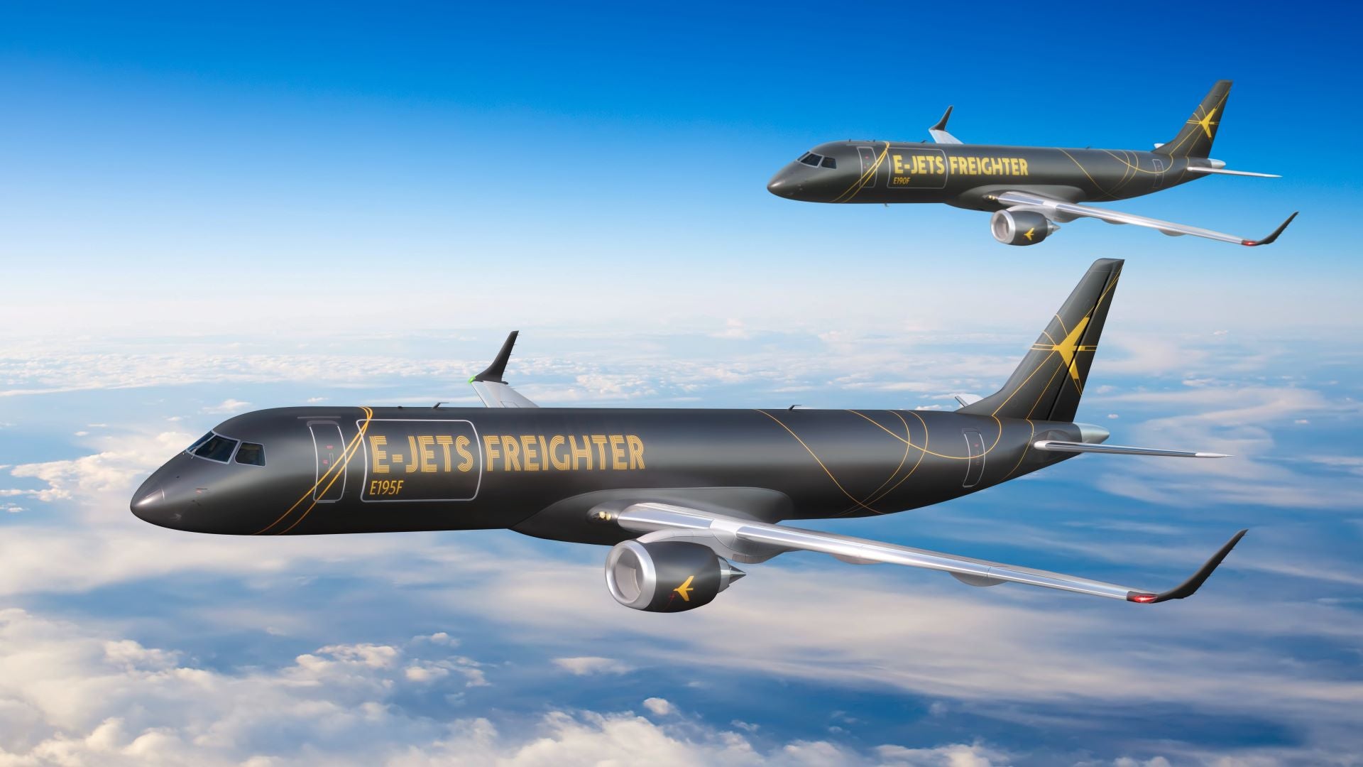 Computer generated image of two E-Jet cargo planes from Embraer painted in bronze and flying above the clouds.