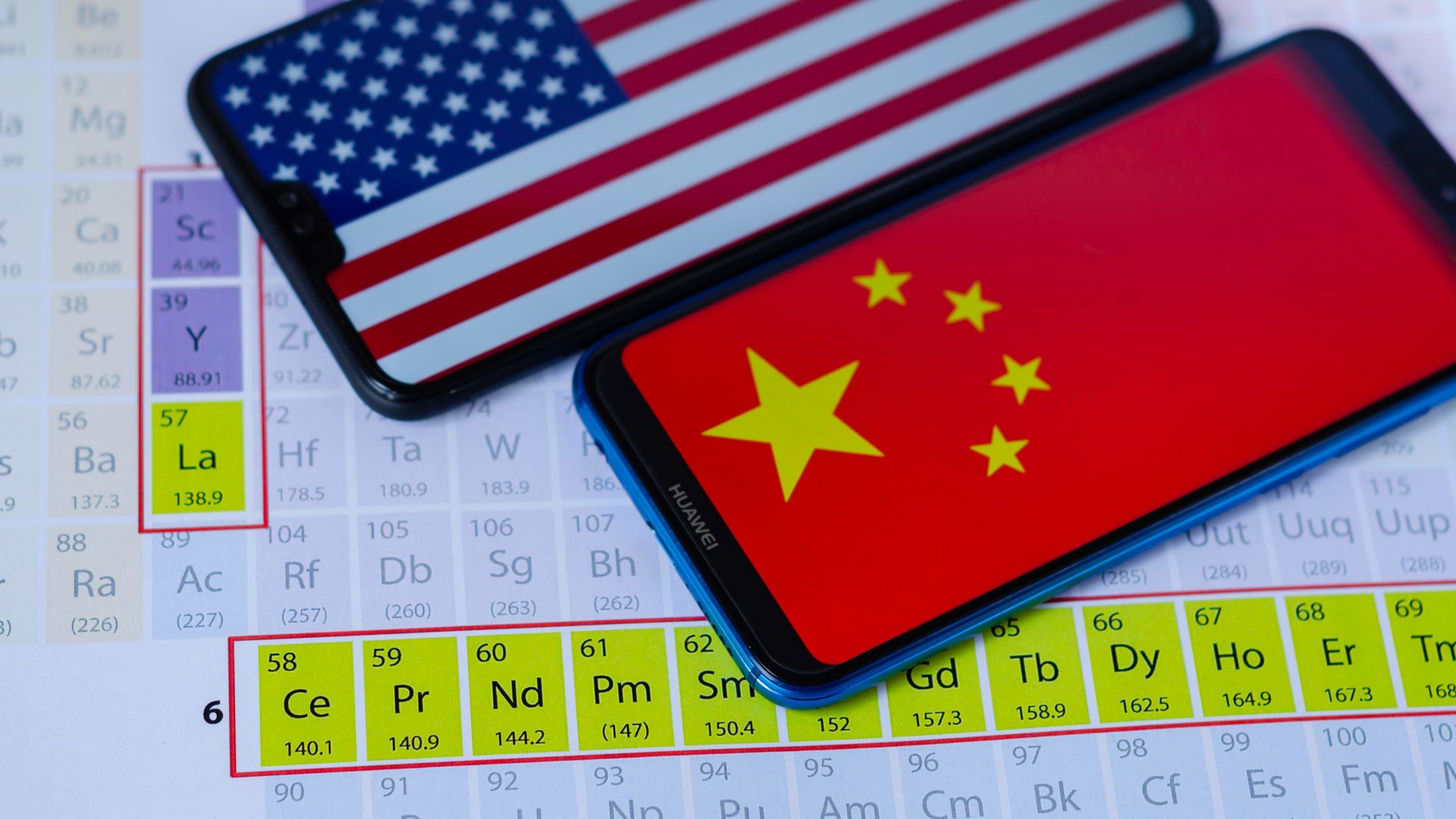 The flags of China and the United States above a periodic table with rare earth elements highlighted.