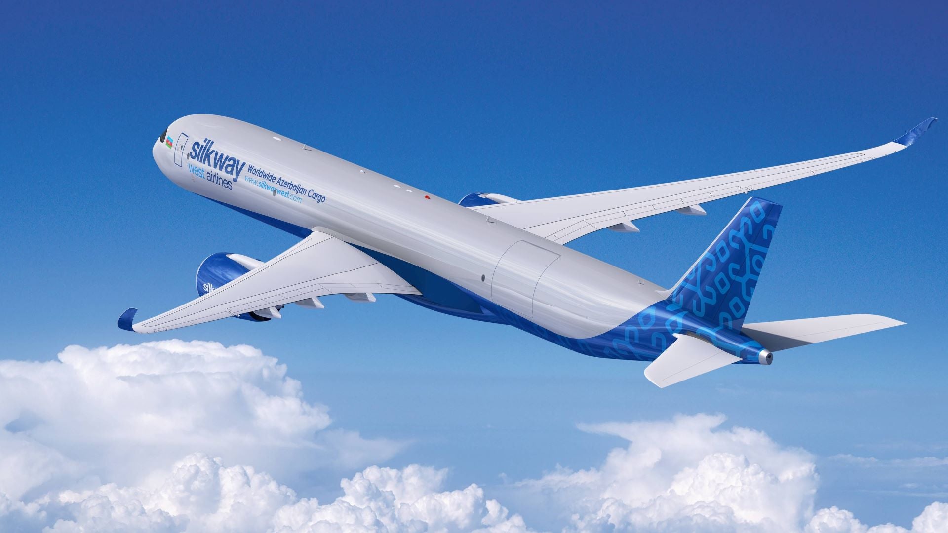 Rendering of a large cargo jet flying above the clouds. Plane is white with blue tail and has Silk Way West Airlines logo on it.