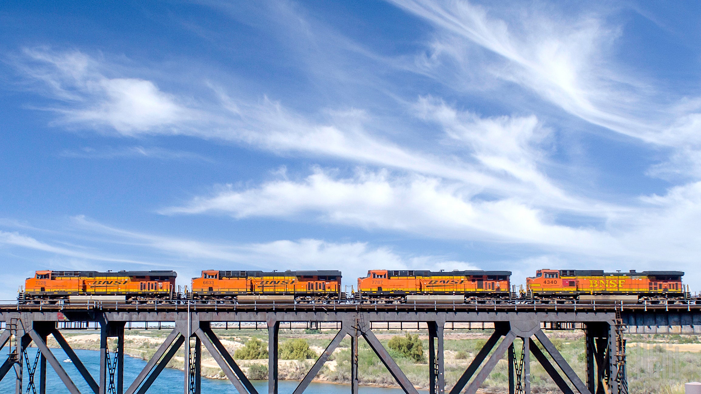 A BNSF engine above the Colorado River as it crosses into California.