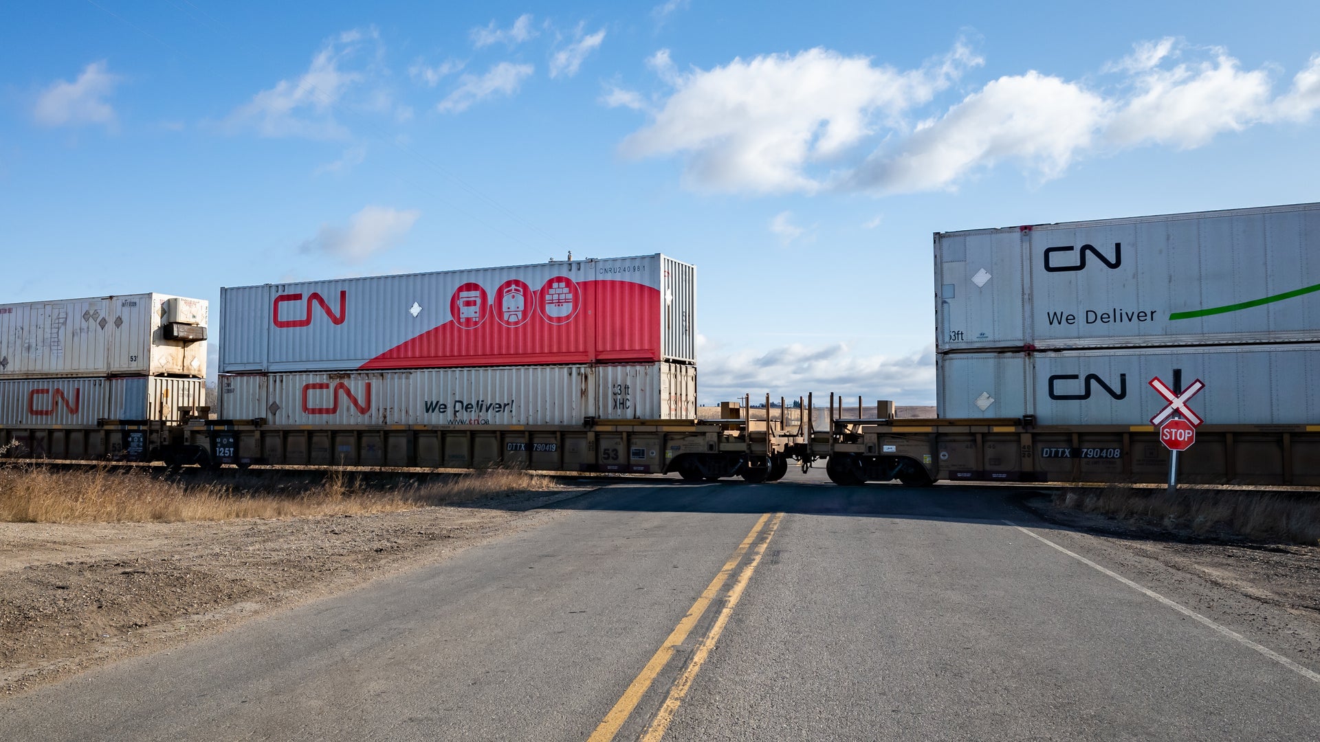 A CN train hauls intermodal containers across a rail crossing.