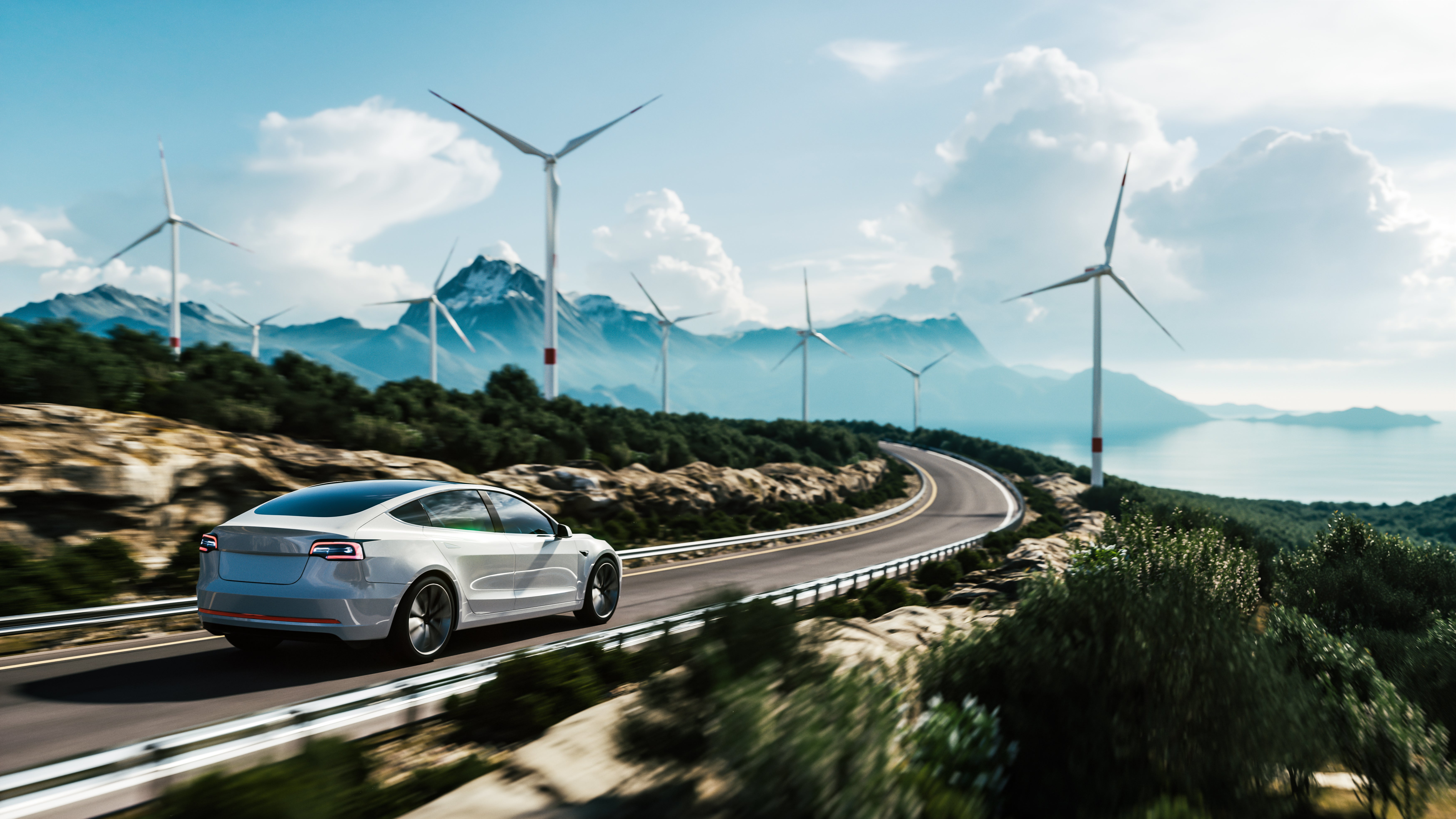 EV electric vehicle driving down road with sun and sunlight overhead