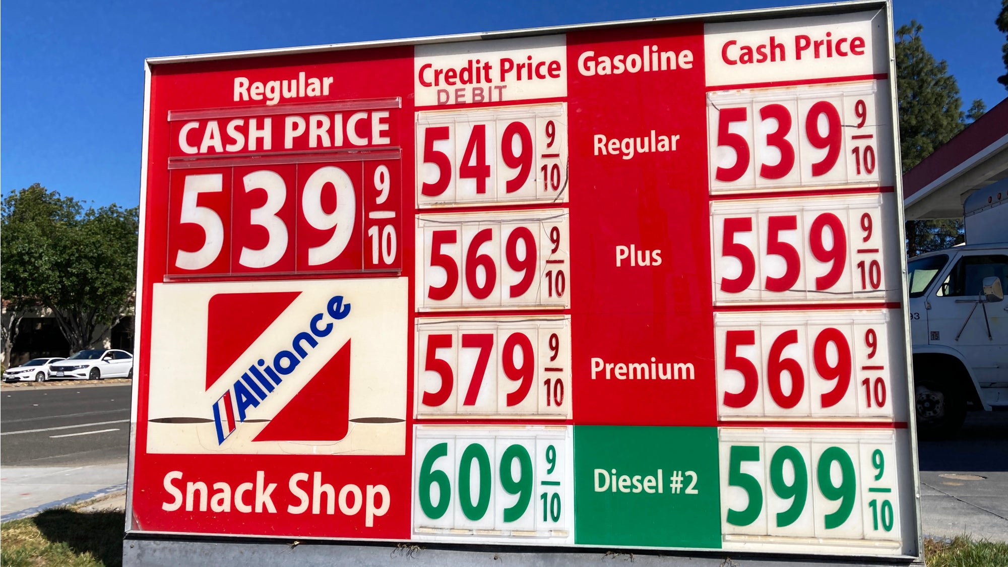 Sign showing prices of gas at fueling station