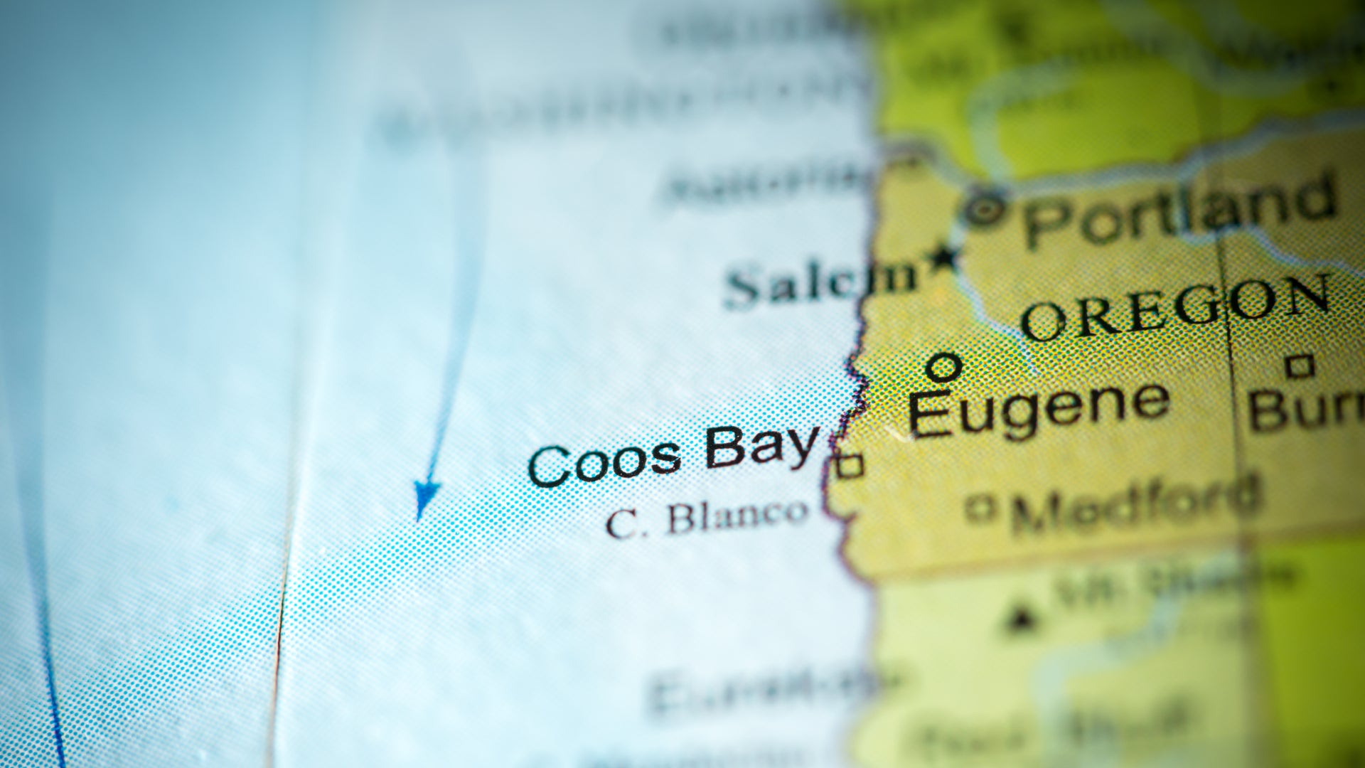 An close-up image of a map showing major towns along the Oregon coastline.