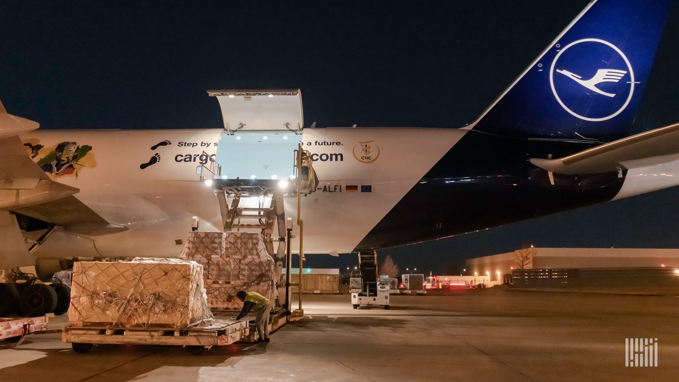 Side view of a Lufthansa plane being loaded with cargo at night.