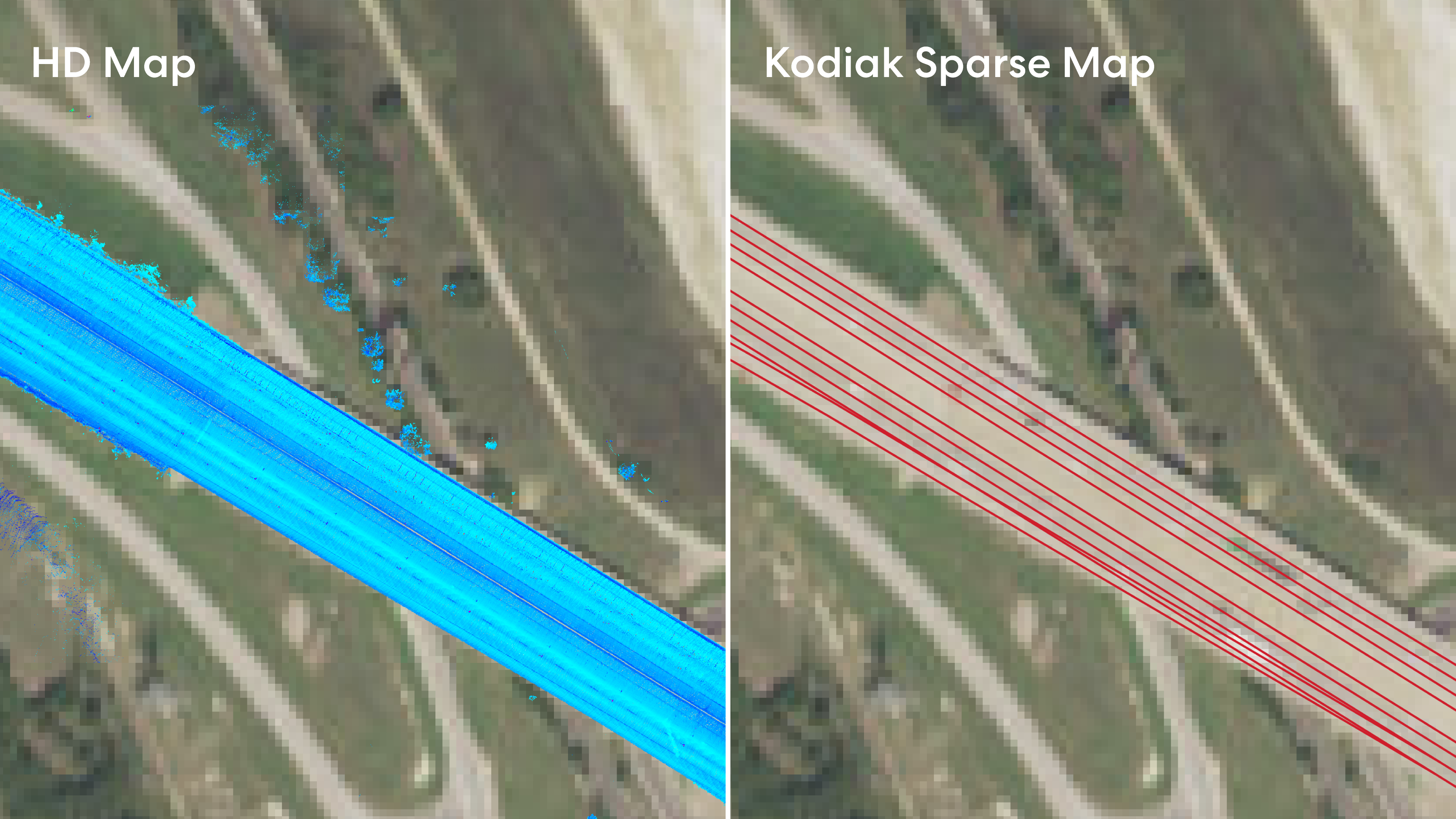 Side-by-side map showing Kodiak approach to highway mapping