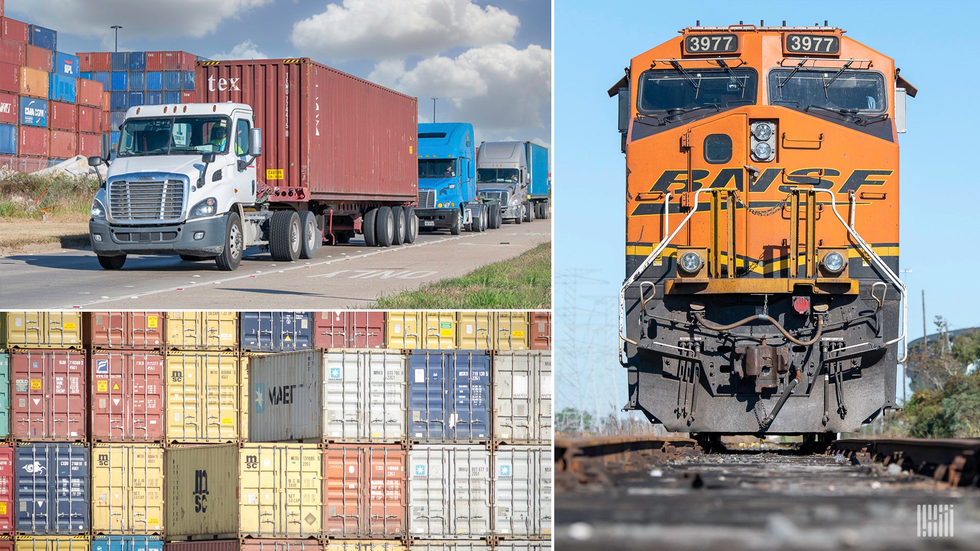 Stacked containers and locomotive