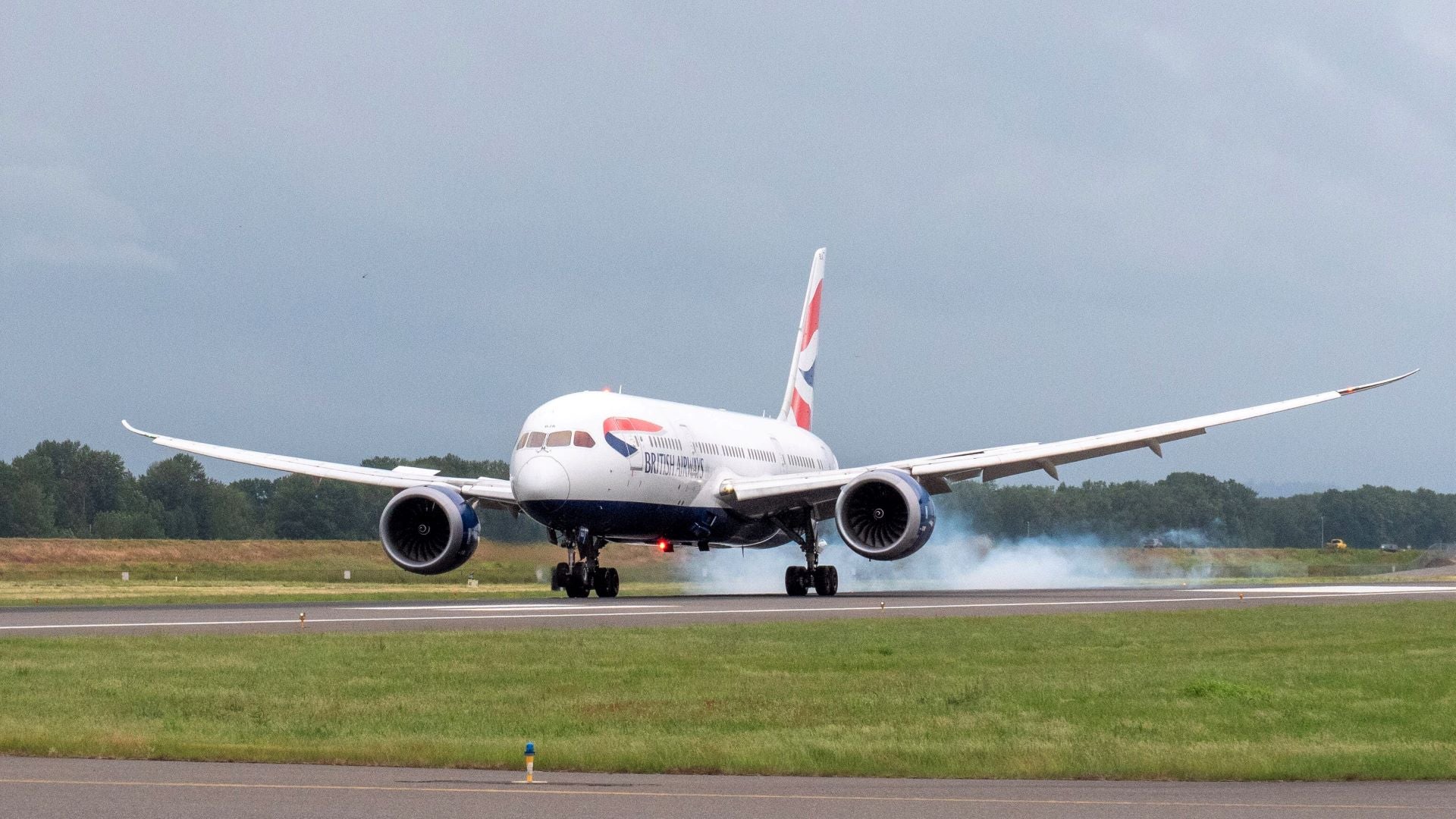 A large jetliner touches down on runway with smoke appearing from tires.