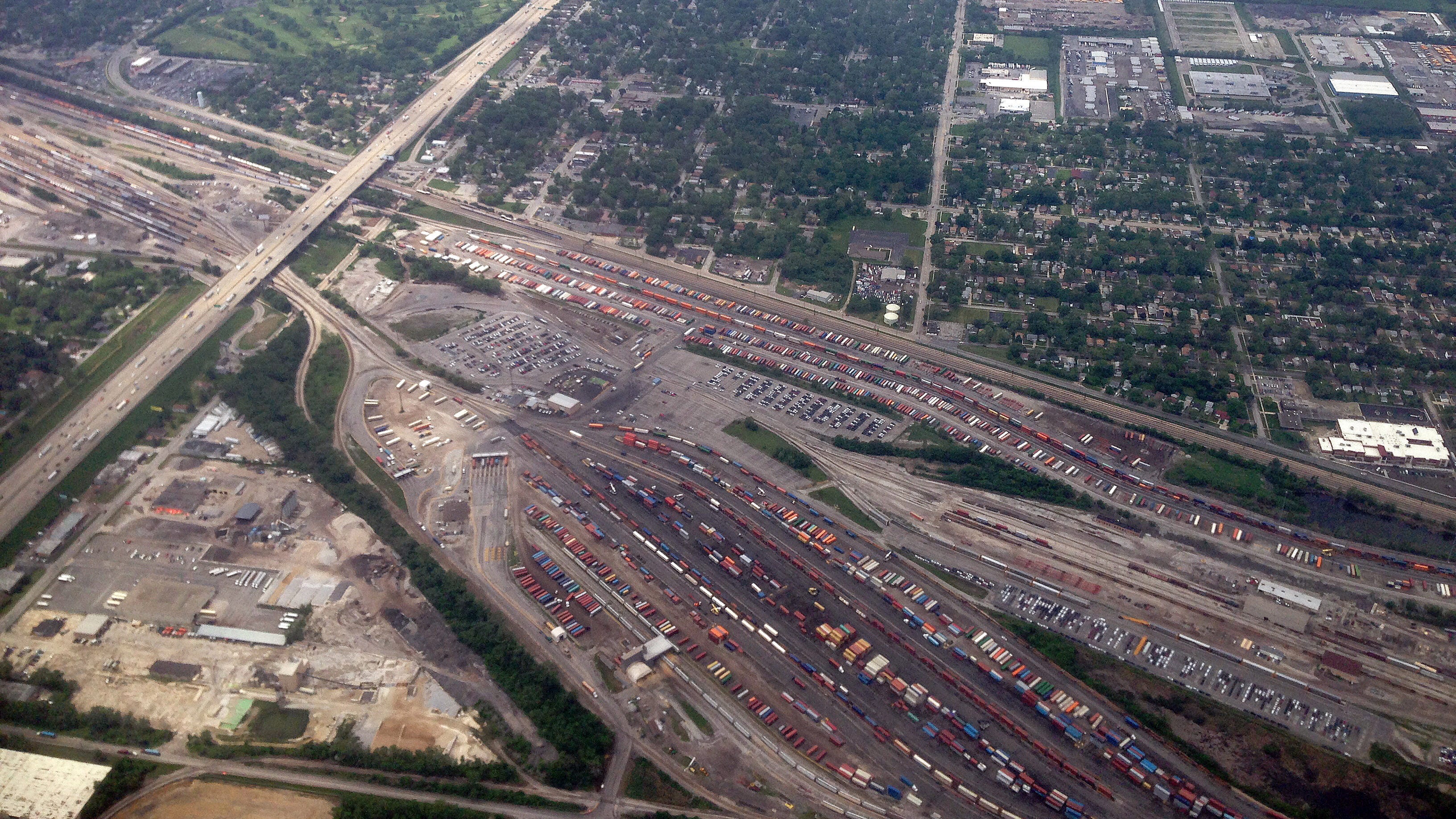 An aerial photograph of a rail yard.