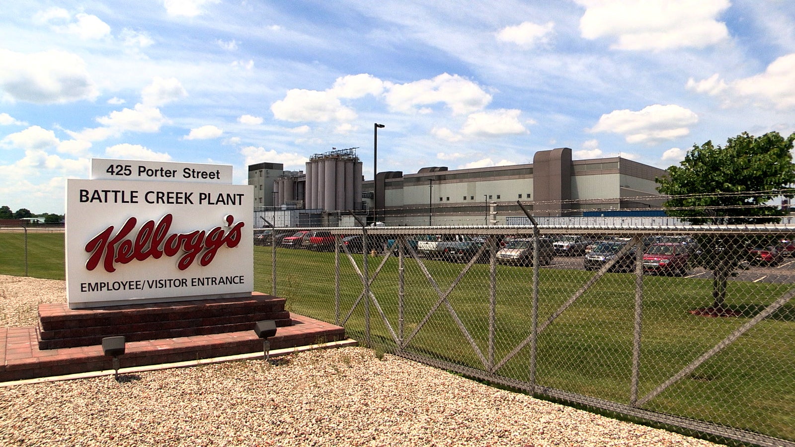 A Kellogg's sign on the left sits in front of the company's main facility.