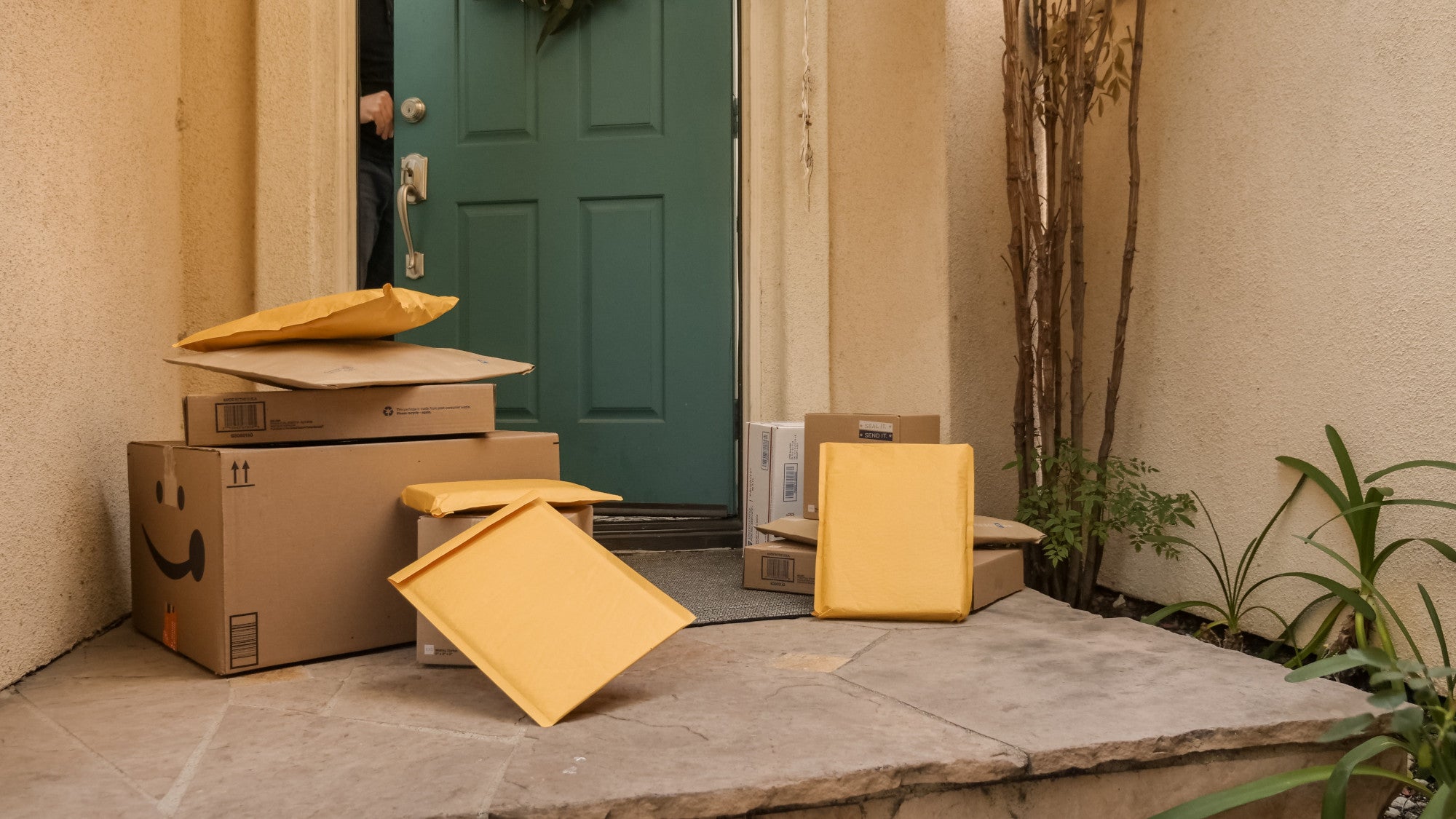 boxes stacked on a front porch