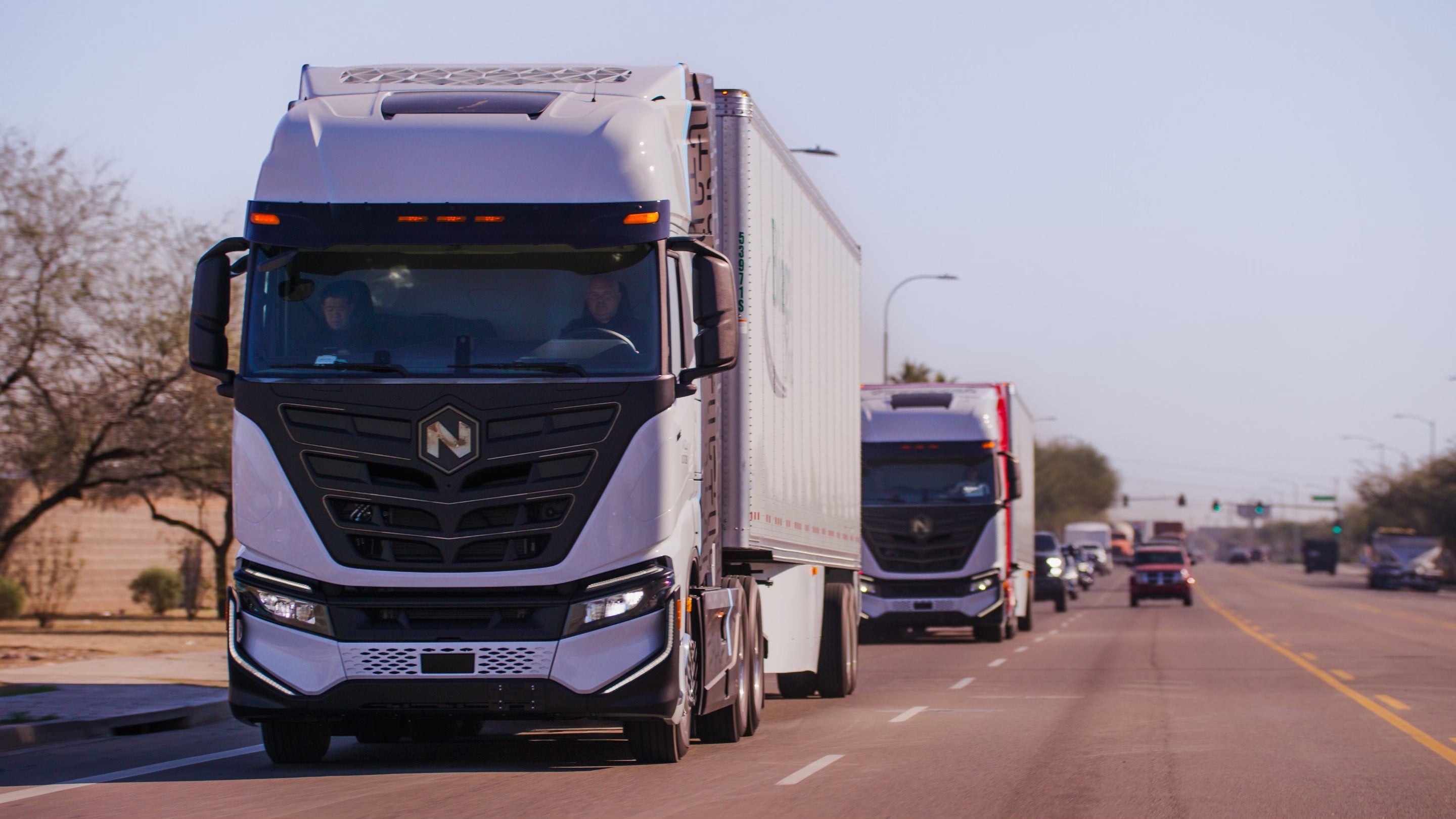 Convoy of Nikola Tre Alpha fuel cell trucks