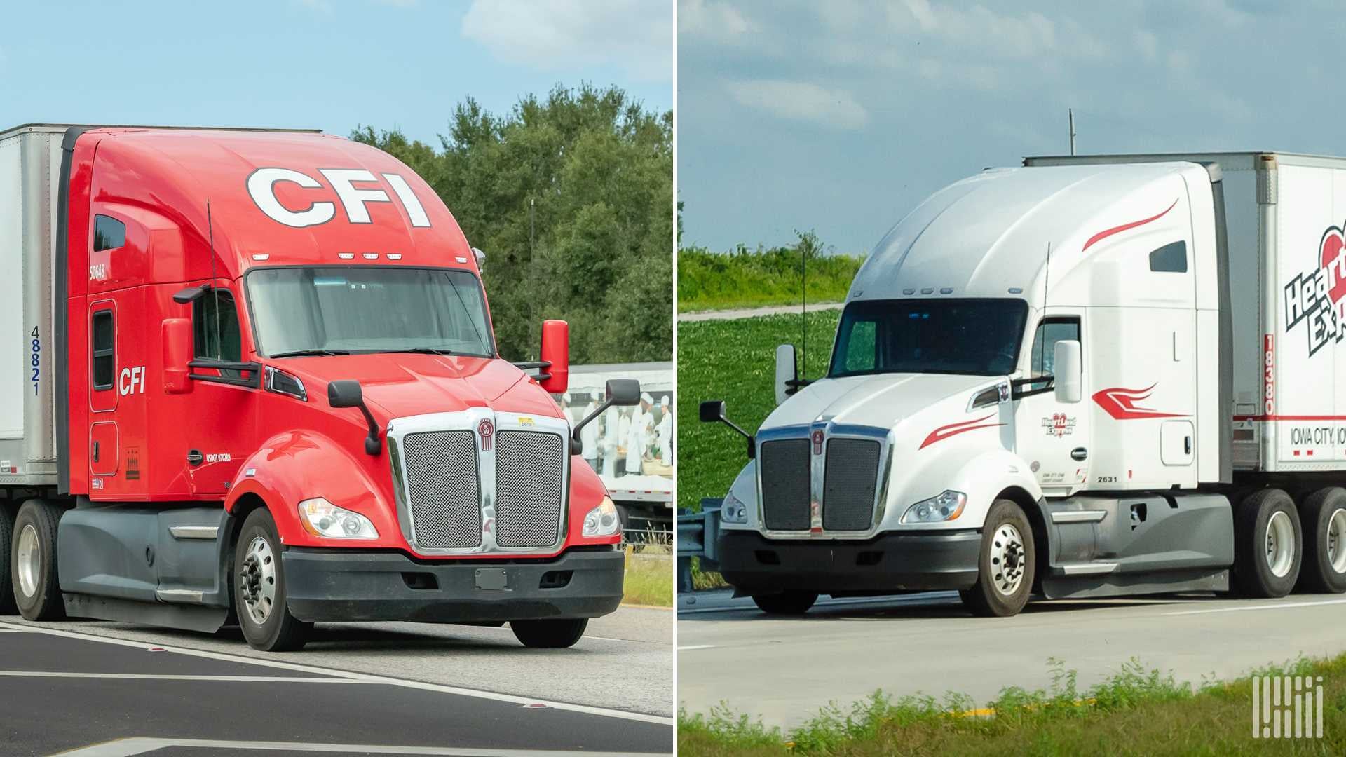 A red CFI tractor and a white Heartland tractor