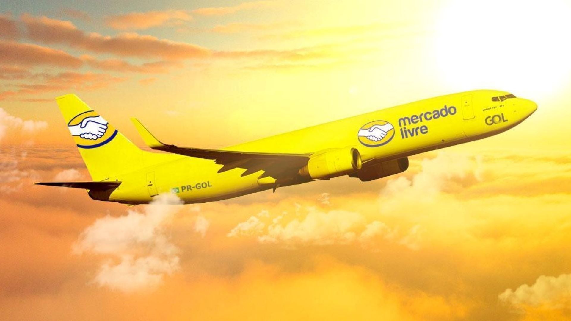 Computer-generated image of a bright yellow cargo jet with Mercado Libre branding against a blazing sun backdrop.