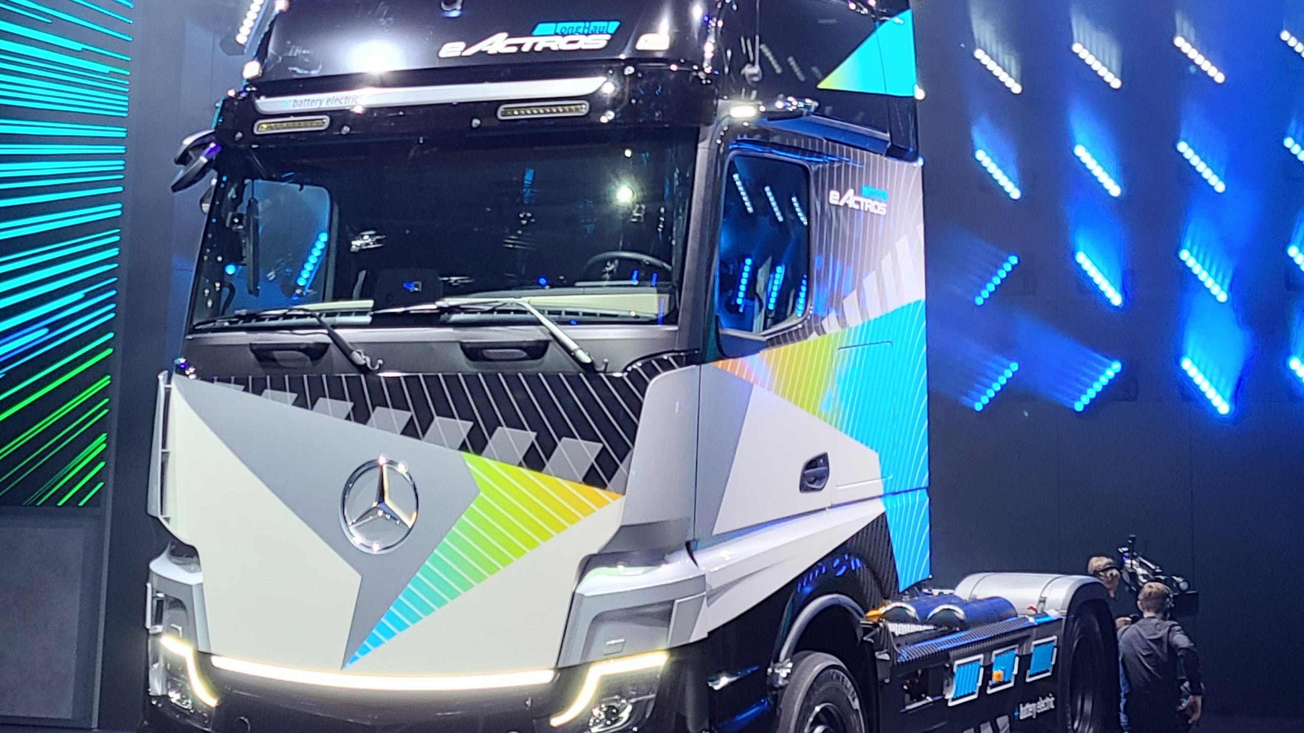 Graphics infused eActros long haul truck from Mercedes-Benz Trucks in Europe.