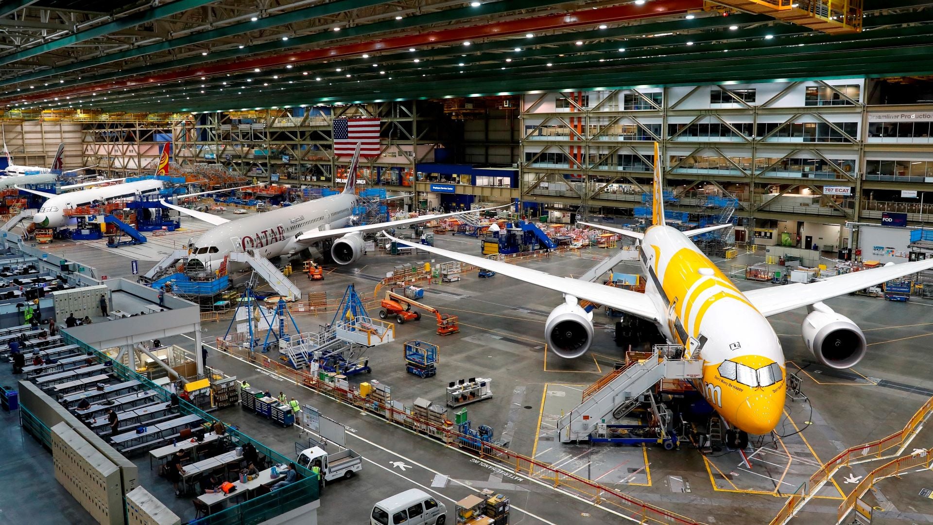 Boeing 787 planes on the assembly line.